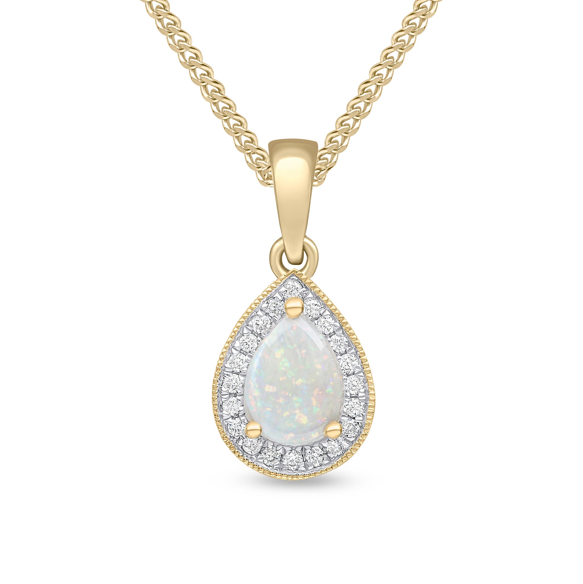 18ct Yellow Gold Claw Set 7x5 Pear Shape Opal & Diamond Cluster Pendant Millgrain Edge