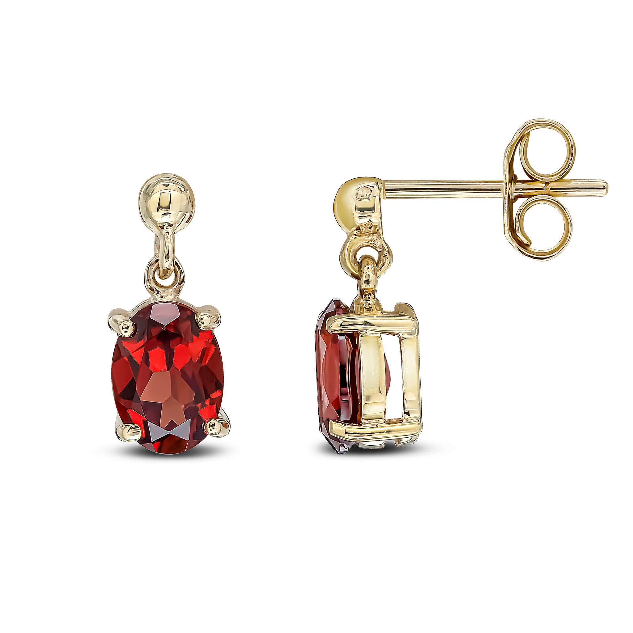 9ct Yellow Gold Oval 7x5mm Garnet Claw Drop Earrings with Bead Top
