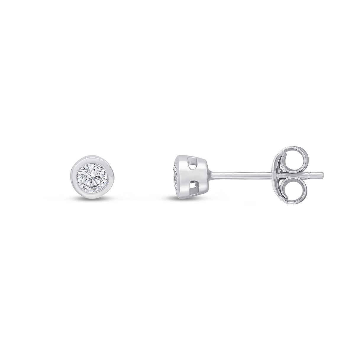 9ct White Gold 3mm Round CZ Rubover Earrings