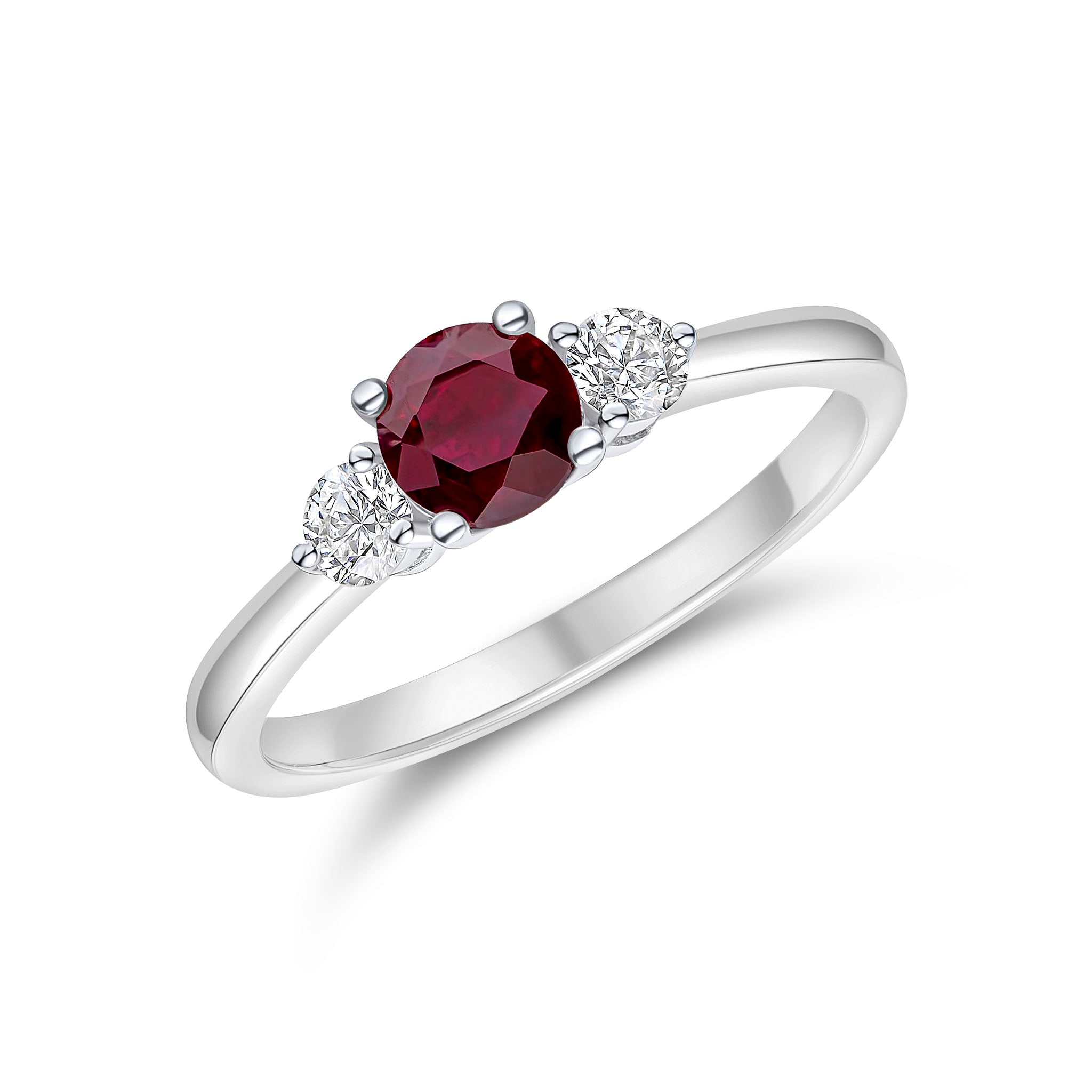 18ct White Gold 5mm Round Ruby and Diamond Claw Set 3 Stone Ring