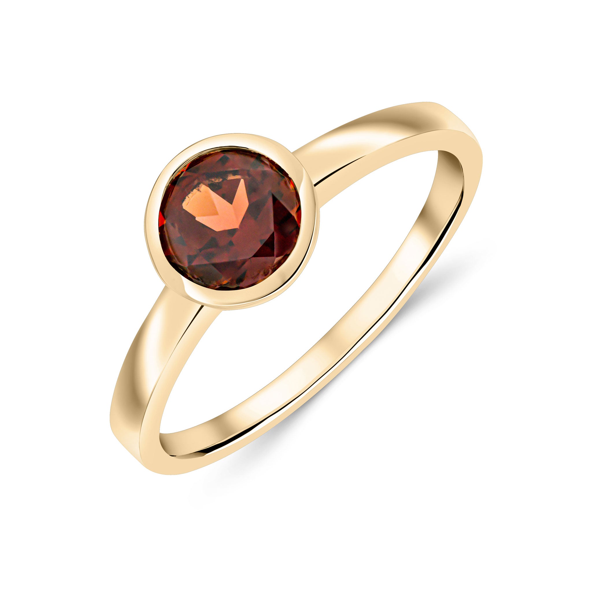 9ct Yellow Gold 6mm Round Garnet Rubover Single Stone Ring