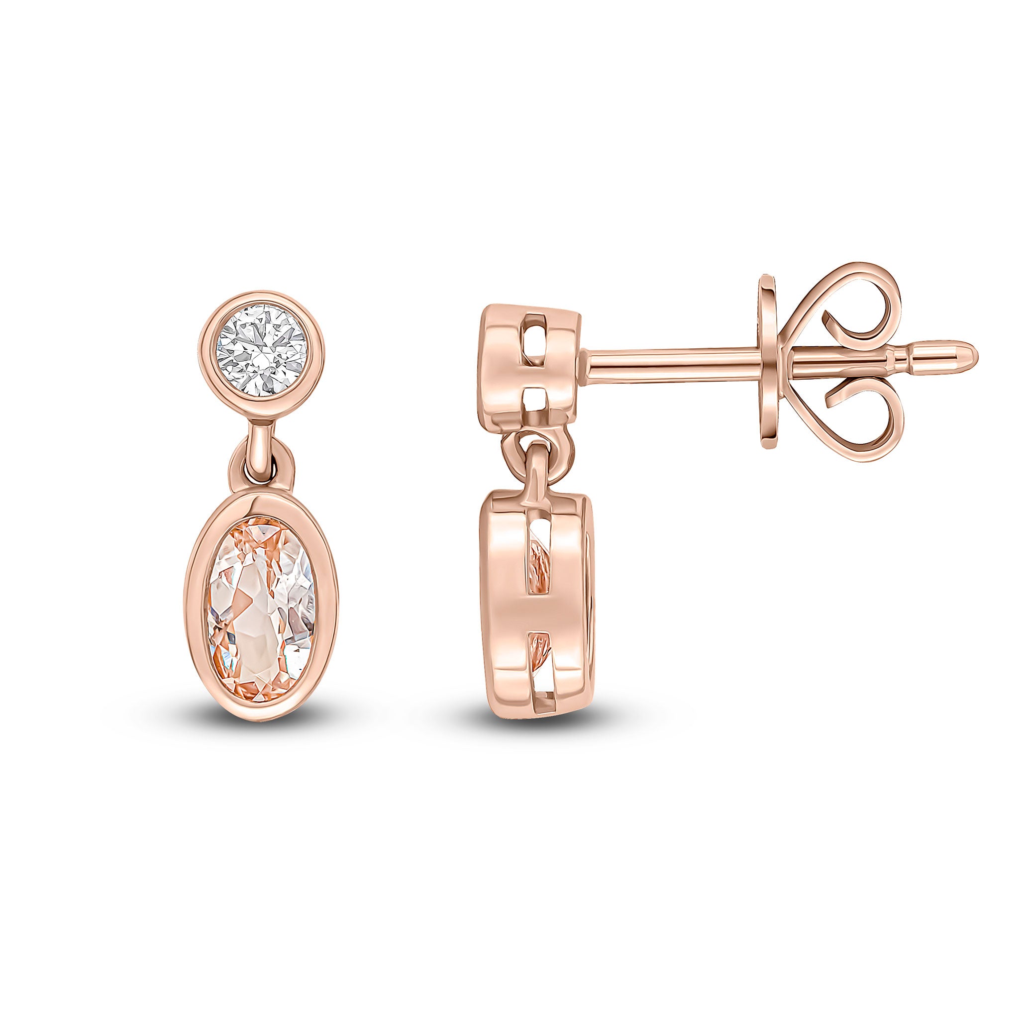 18ct Rose Gold Oval Morganite and Round Diamond 2 Stone Rubover Drop Earring