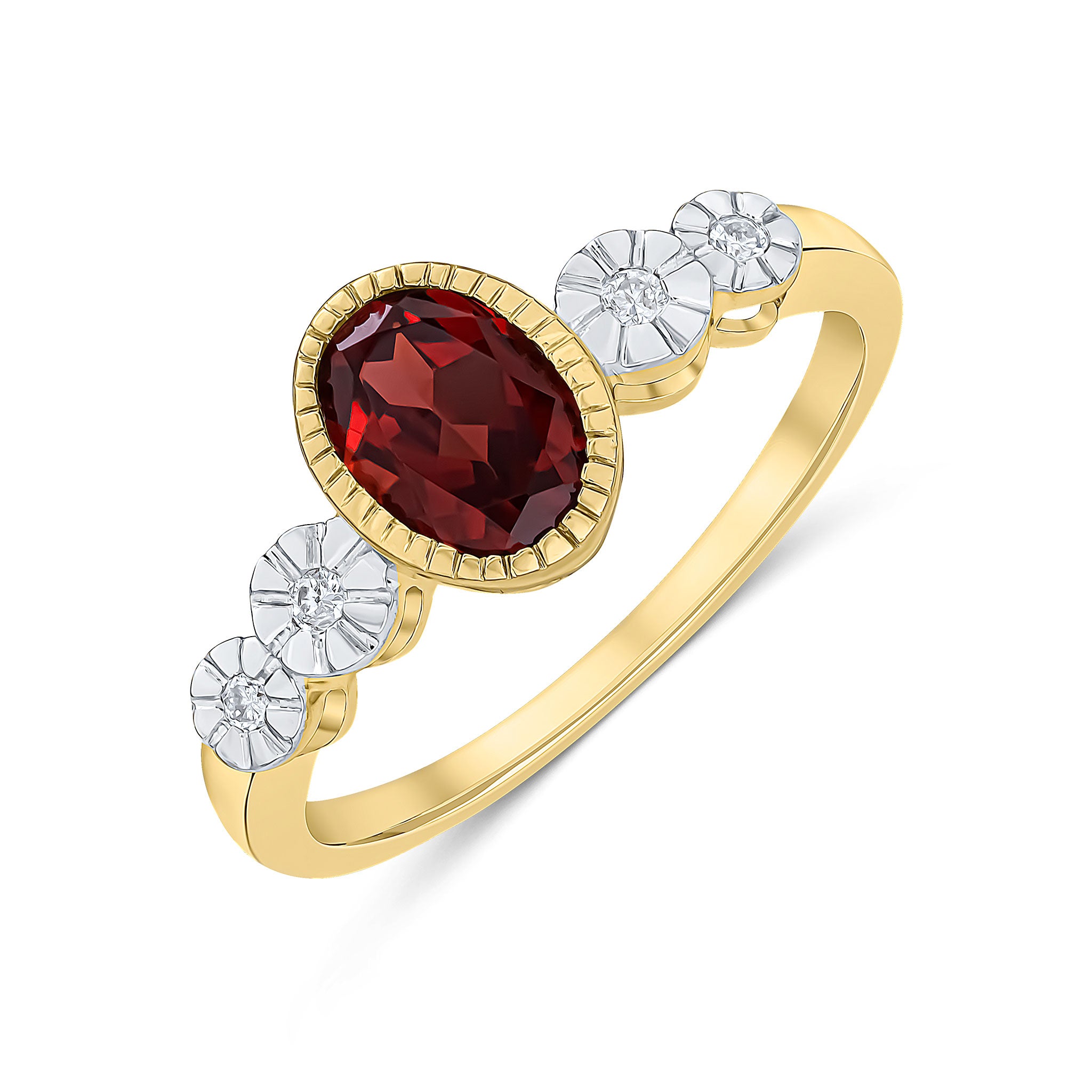 9CT YELLOW GOLD MILLEGRAIN OVAL GARNET AND ILLUSION DIAMOND 4ST SHOULDERS RING 1