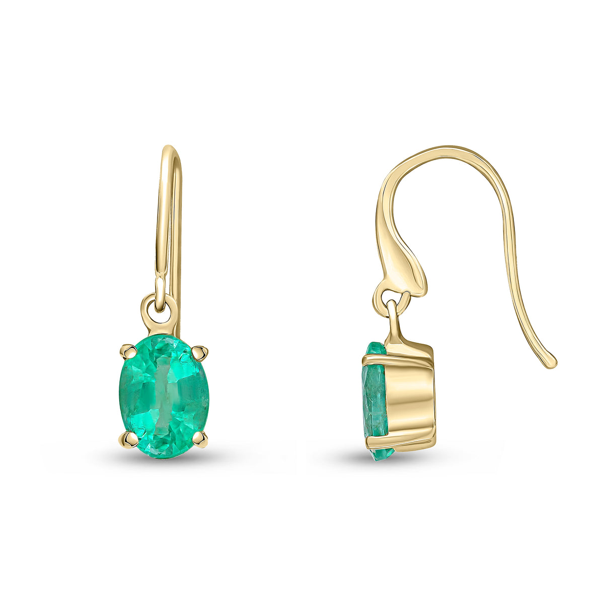 9ct Yellow Gold 7x5 Oval Emerald Claw Set Drop Earrings with Hook Wire Fitting