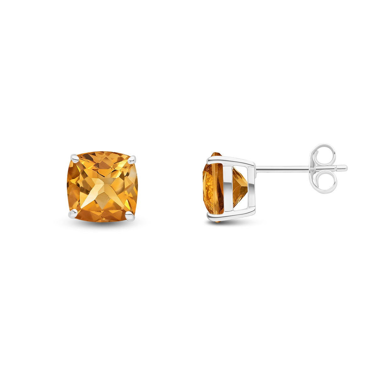 9ct White Gold 8mm Cushion Citrine Claw Set Earrings