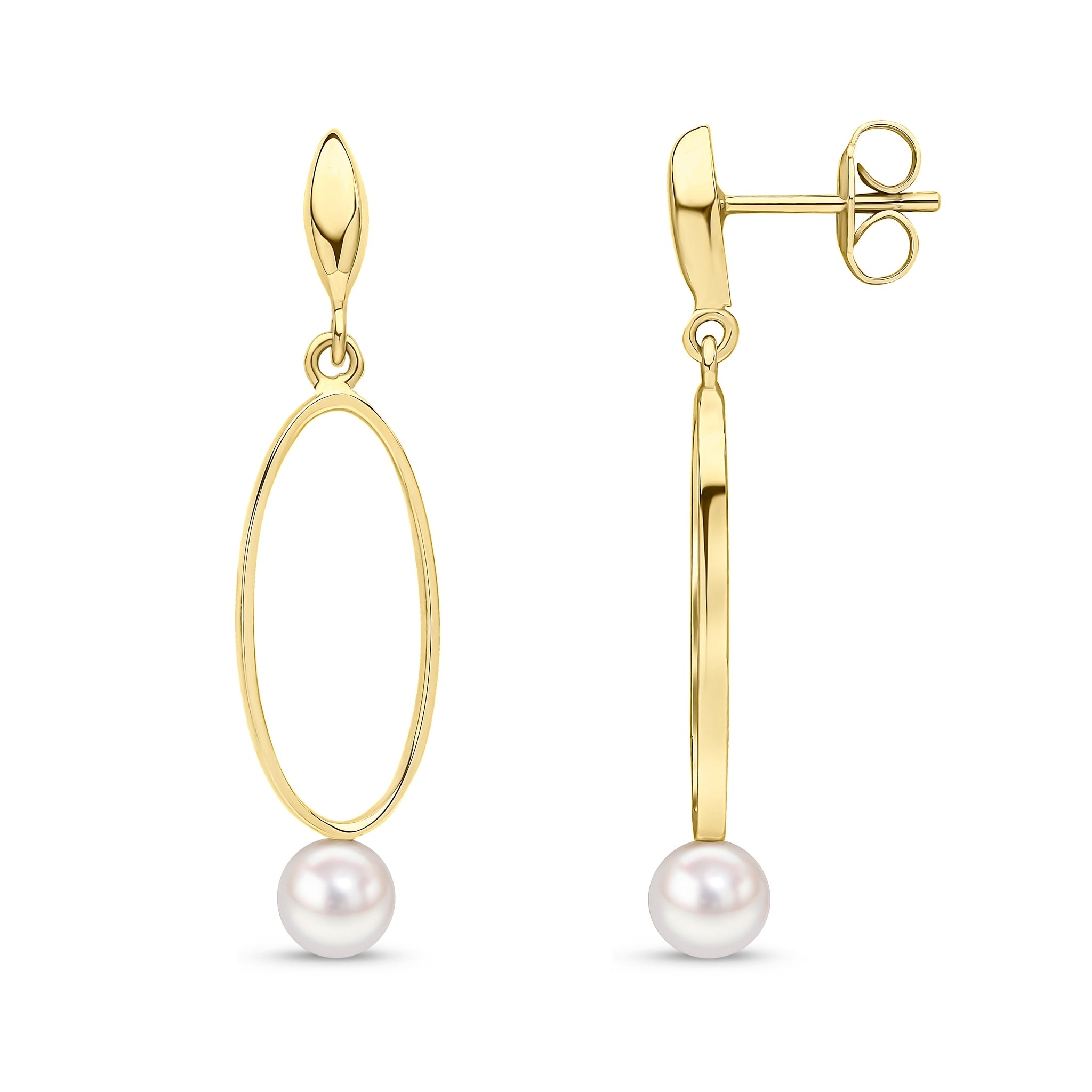 9ct Yellow Gold Open Oval Drop Earrings with 5mm Fw Pearl Bottom and Marquise Shape Stud Top