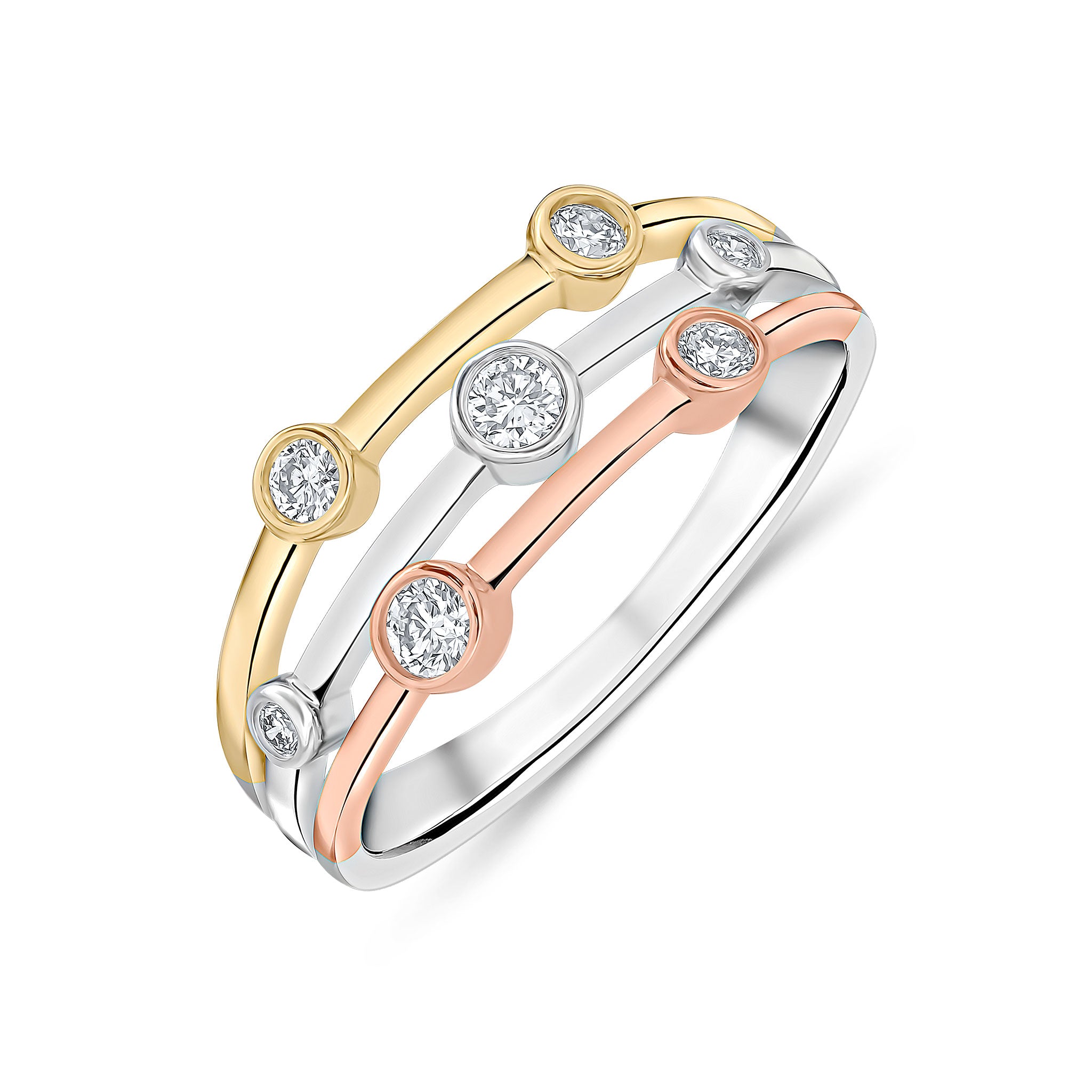 9ct Yellow White and Rose Gold Diamond 3 Row Bubble Ring 0.25ct Total