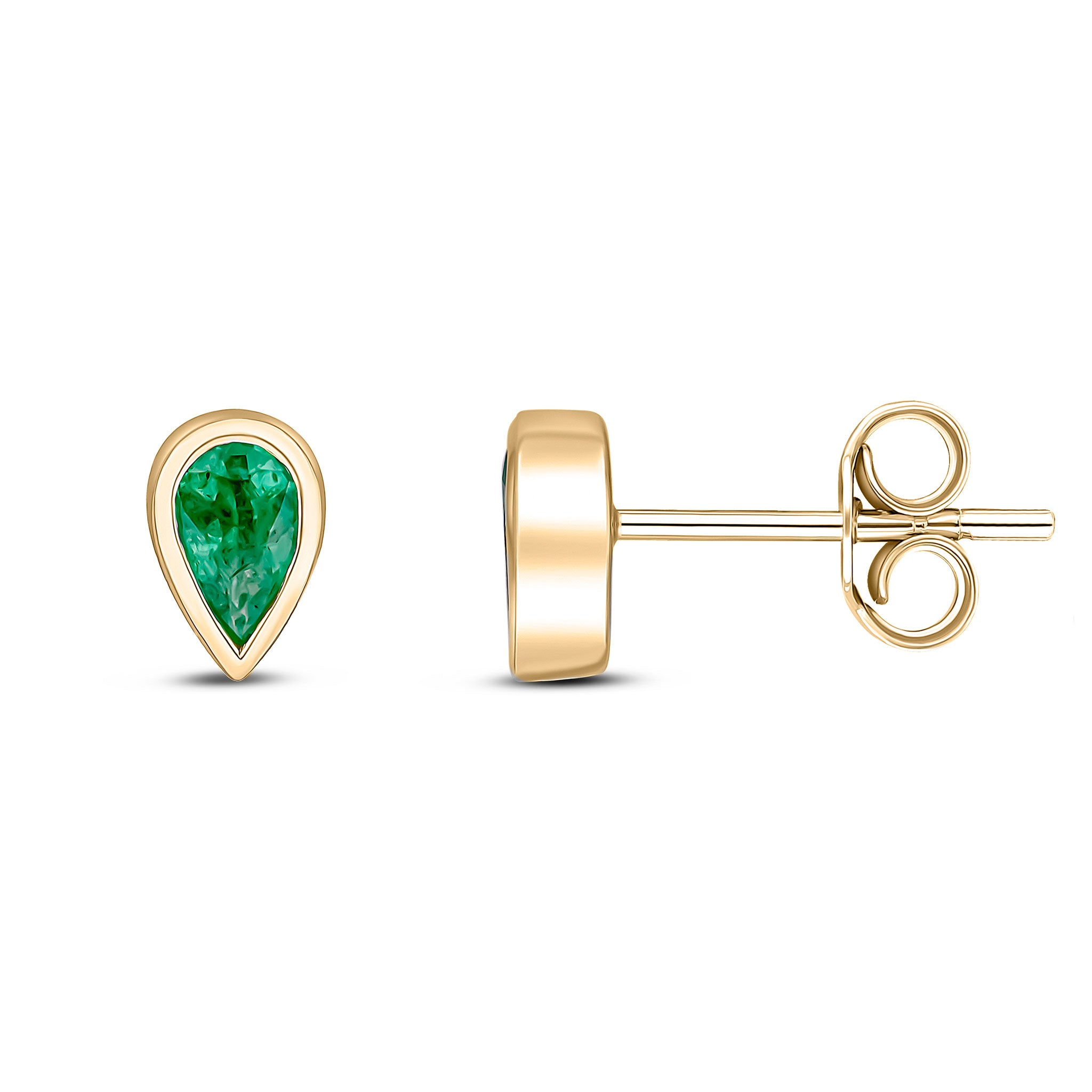 9ct Yellow Gold 5x3 Pear Shape Emerald Rubover Set Earrings