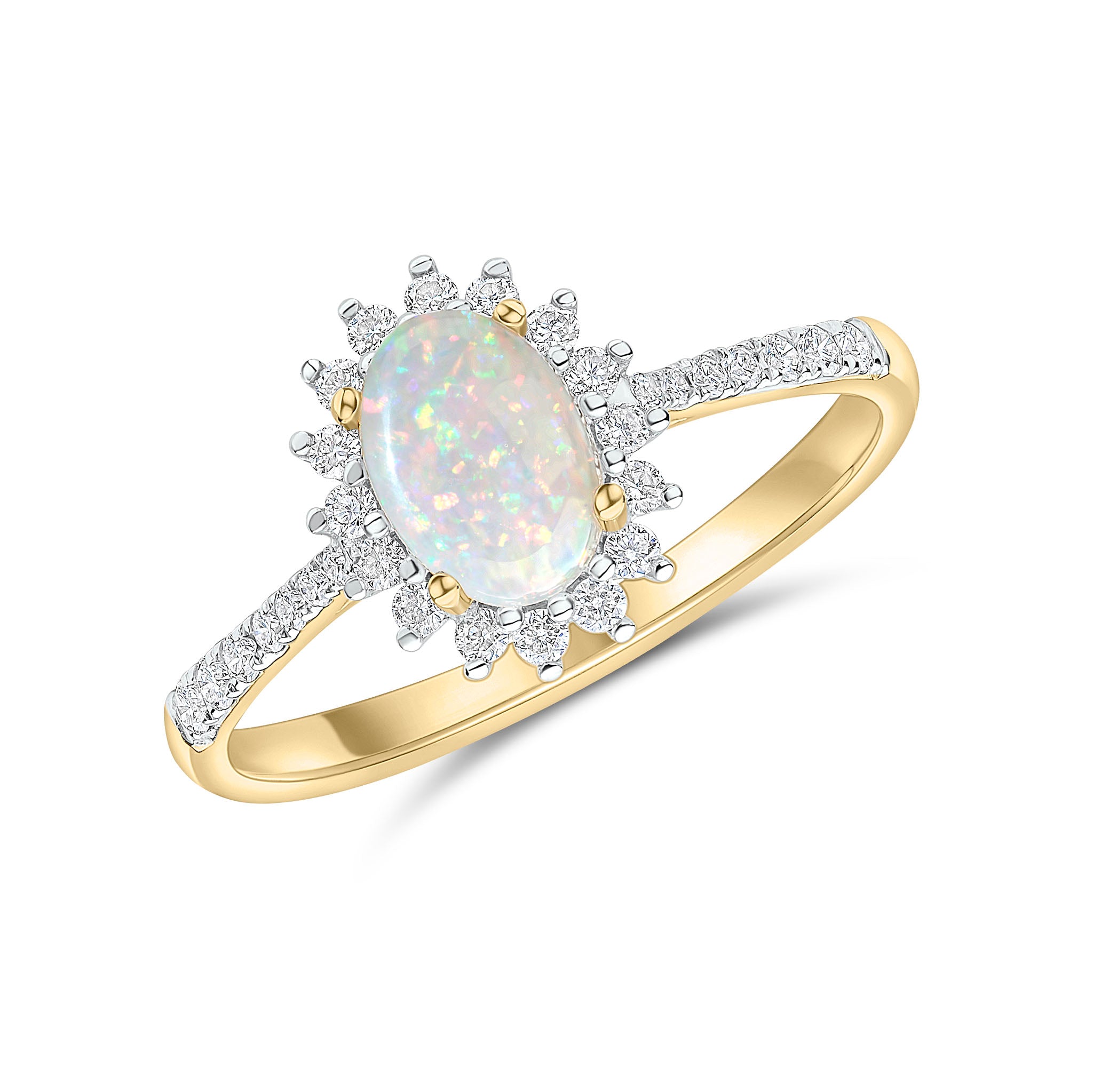 18ct Yellow Gold 7x5 Oval Opal & Diamond Cluster Ring with Diamond Set Shoulder Rhodium to Diamonds