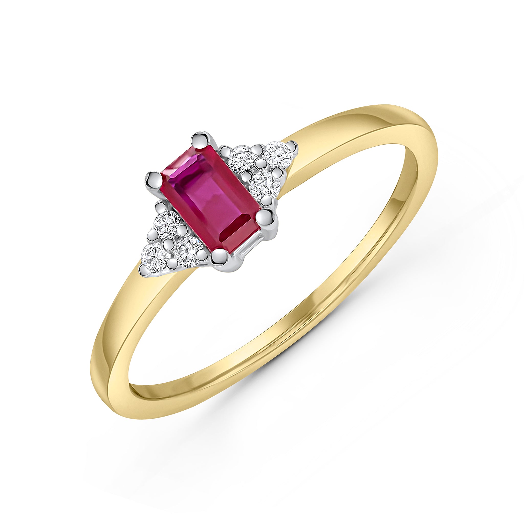 18ct Ywg 5x3 Octagon Ruby and Diamond Trefoil Shoulders Claw Set Ring