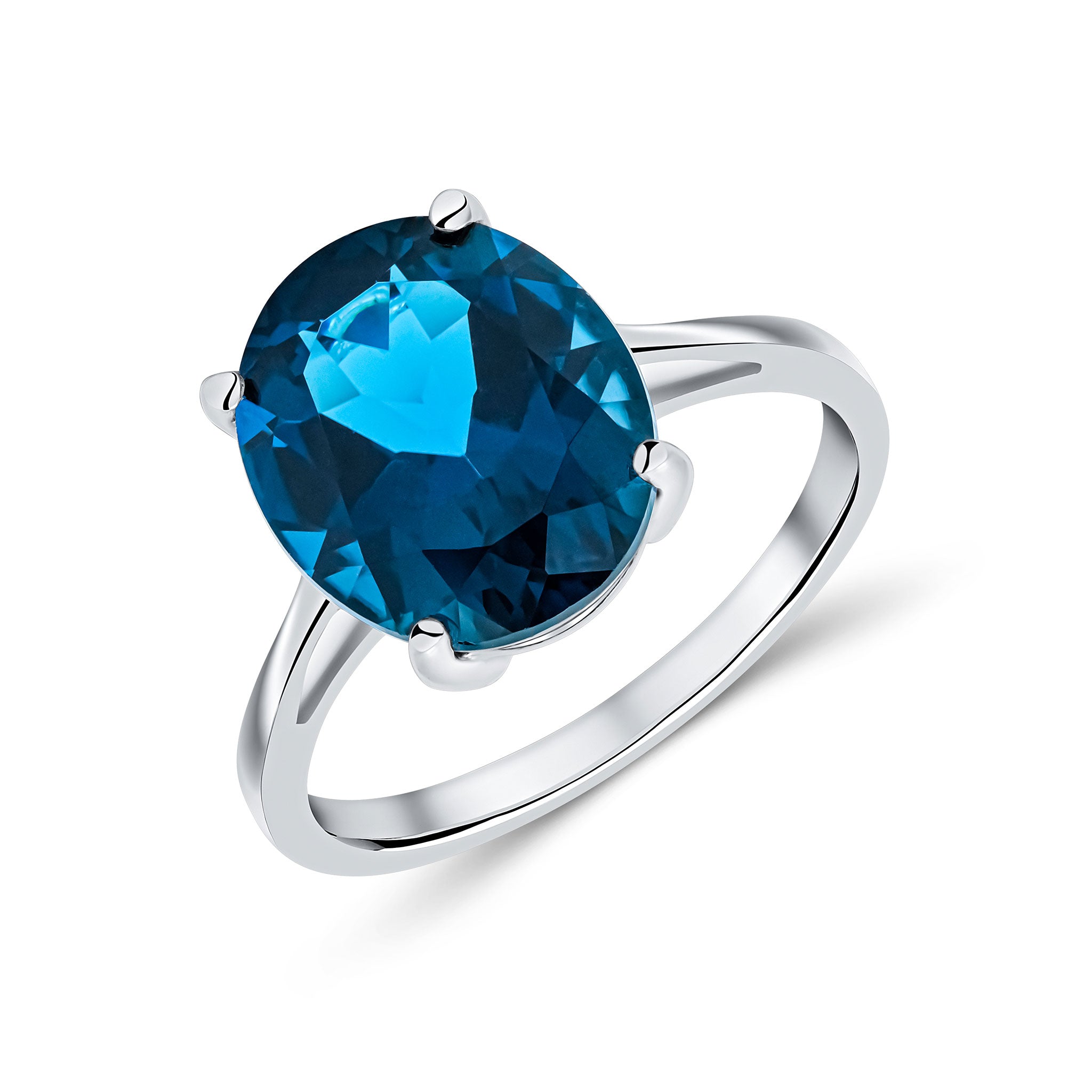 9ct White Gold 12x10mm Oval London Blue Topaz Claw Set Single Stone Ring