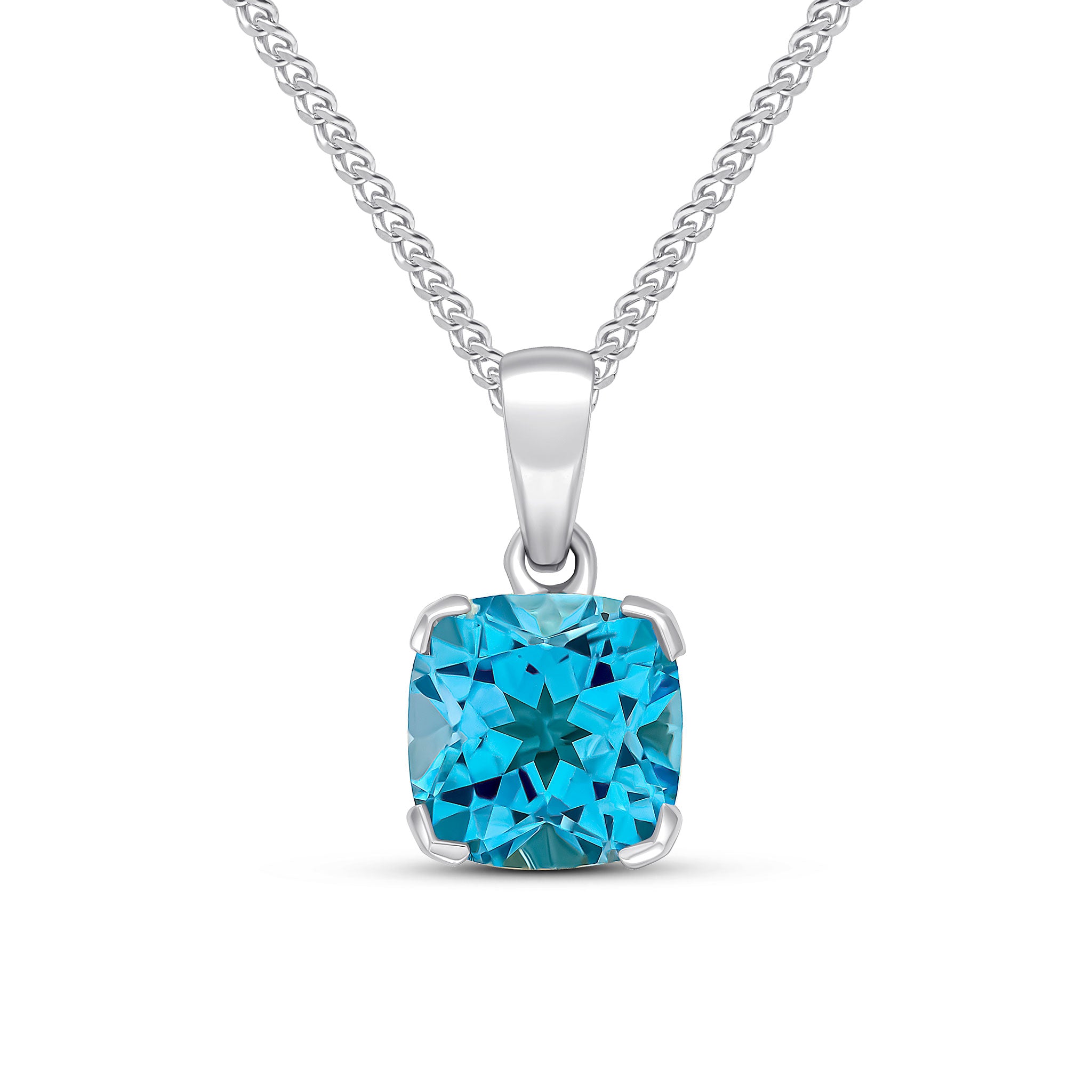 9ct White Gold 8mm Cushion Swiss Blue Topaz Claw Set Pendant