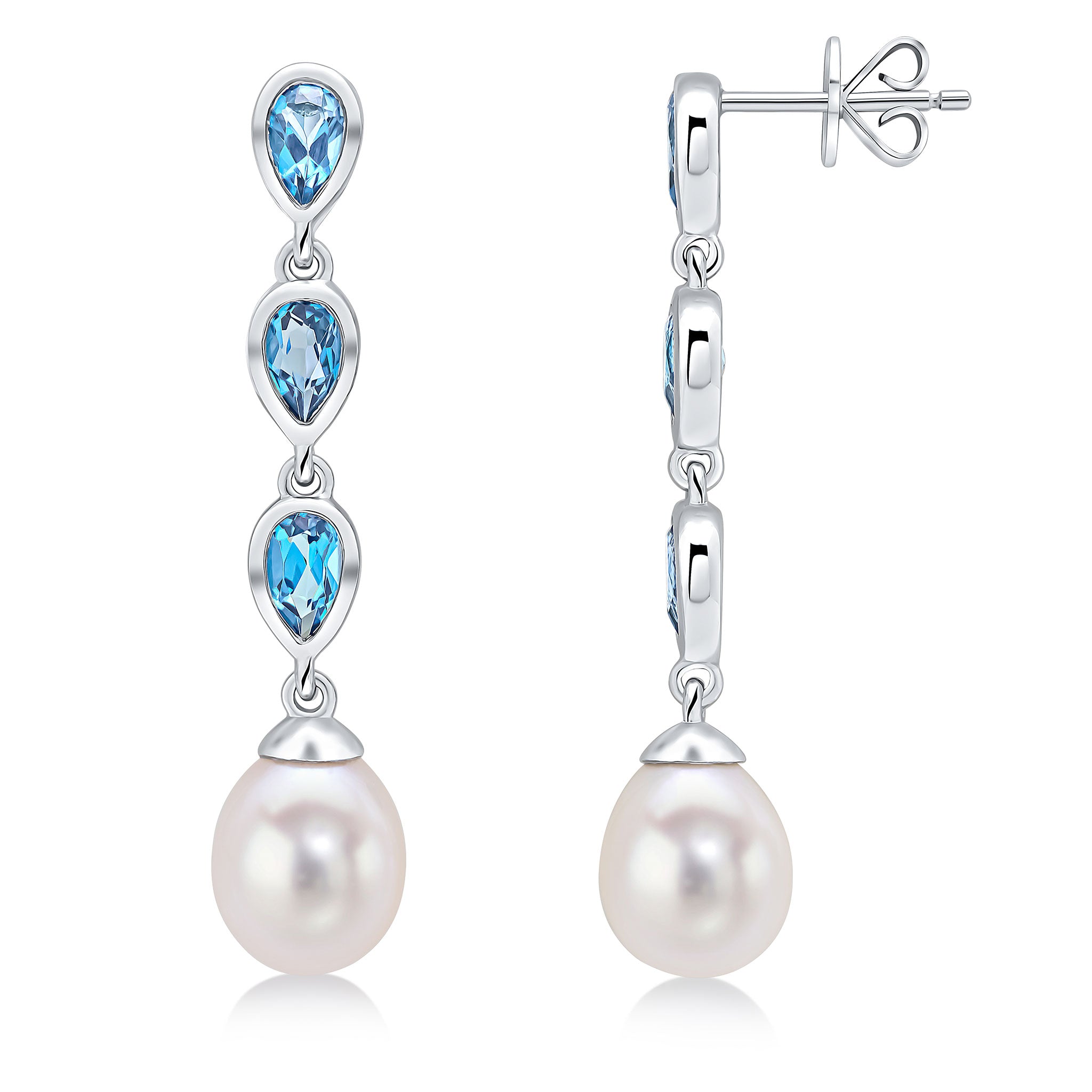 9ct White Gold Pearl & Triple Pear Shape London Blue Topaz Drop Earrings