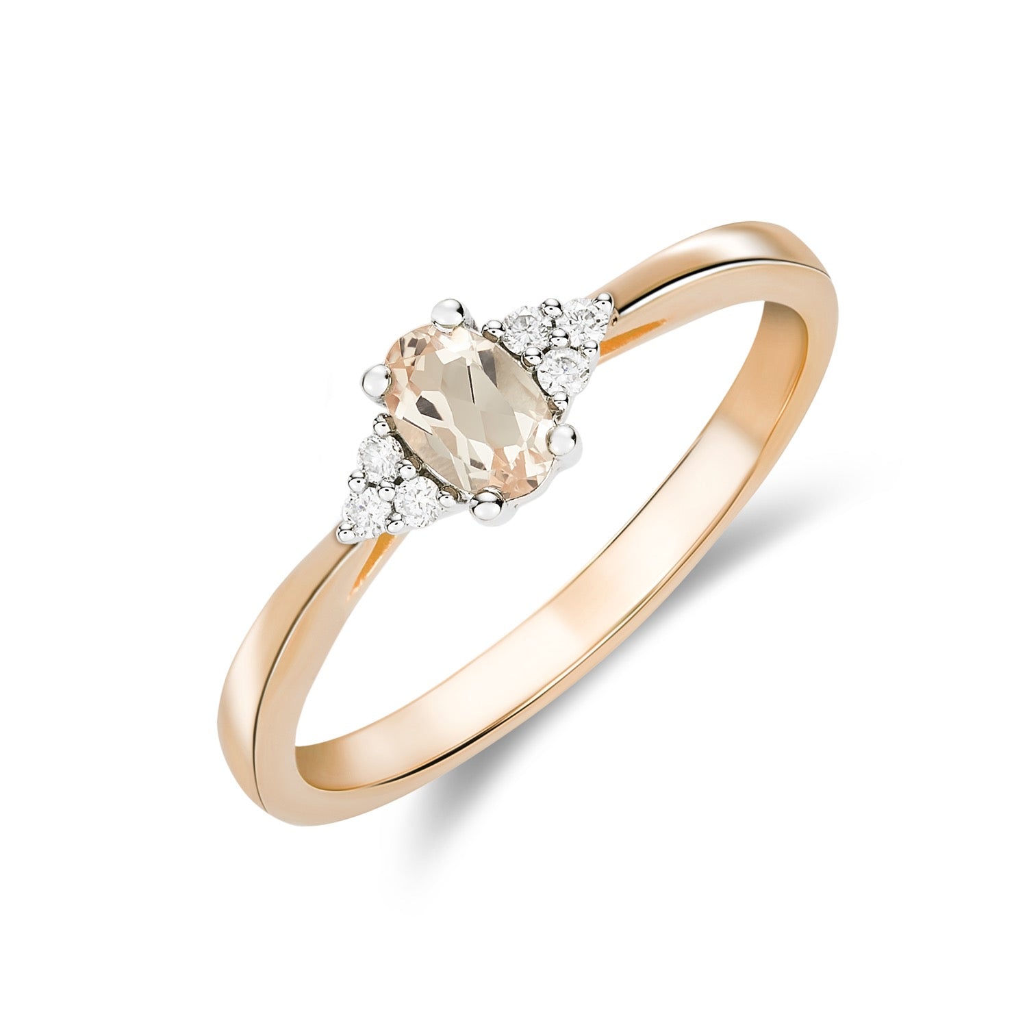 9CT RWG 6X4 OVAL MORGANITE & ROUND DIAMOND TREFOIL SHOULDERS RING 1