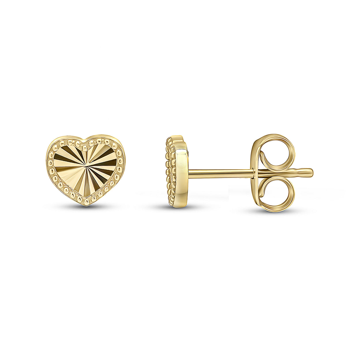 9ct Yellow Gold Diamond Cut Beaded Edge Heart Stud Earrings