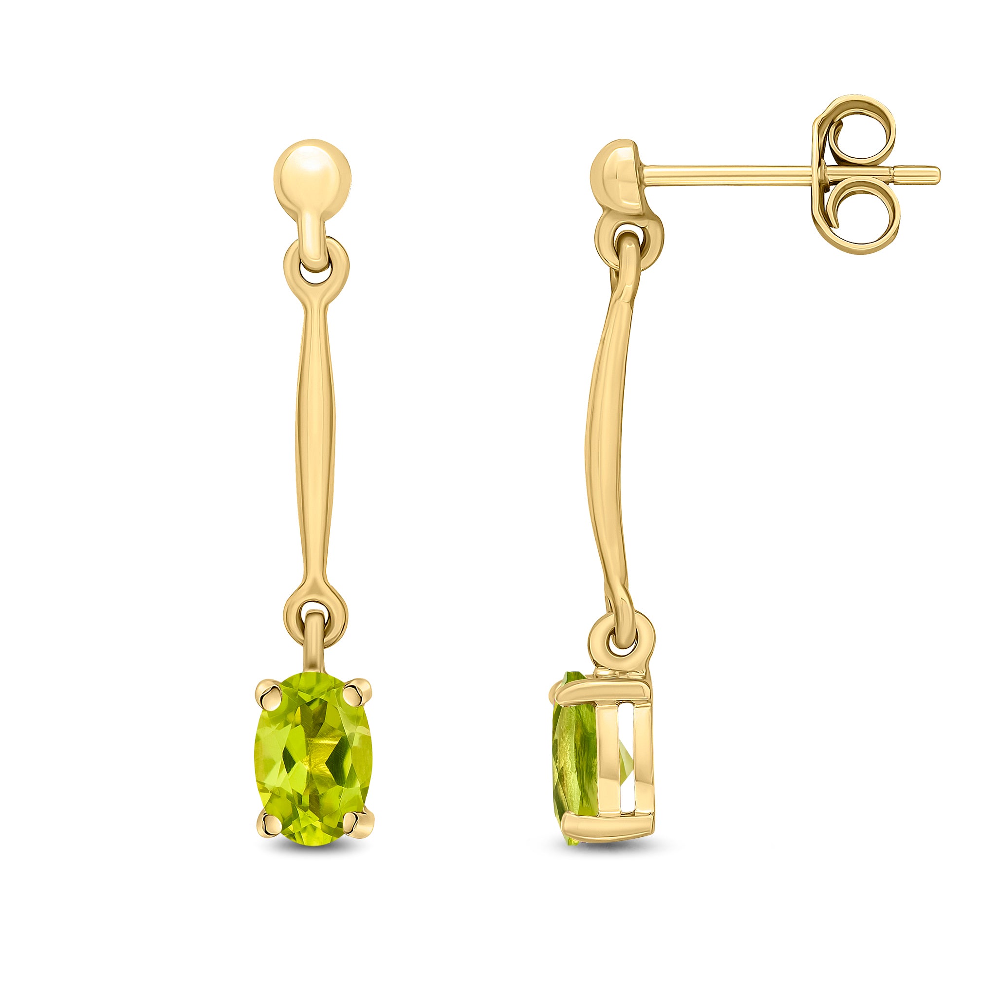 9ct Yellow Gold Claw Set 6x4mm Oval Peridot and Bar Drop Earrings
