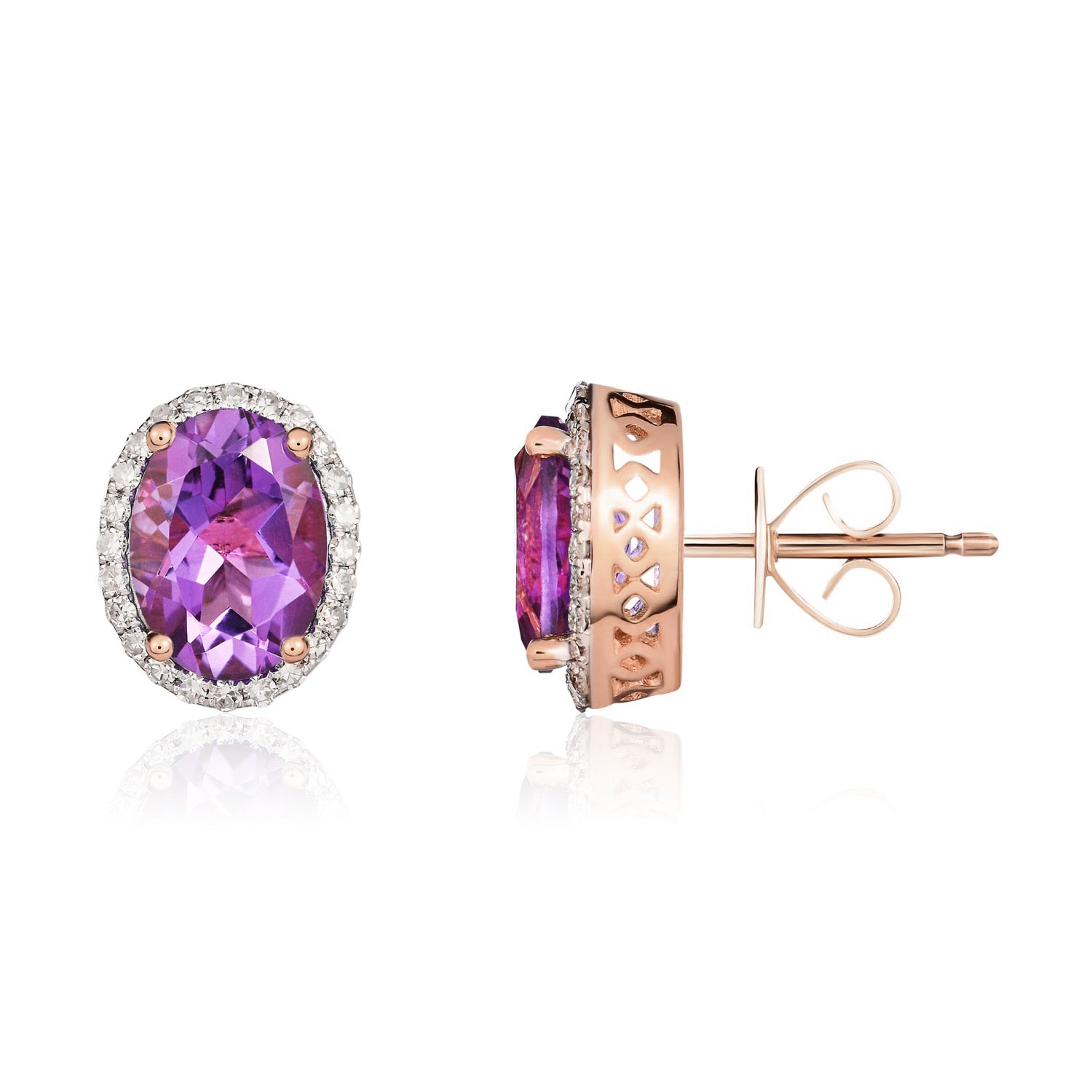 9ct Rose Gold 8x6 Oval Amethyst and Diamond Claw Cluster Earrings Rhodium to Diamonds