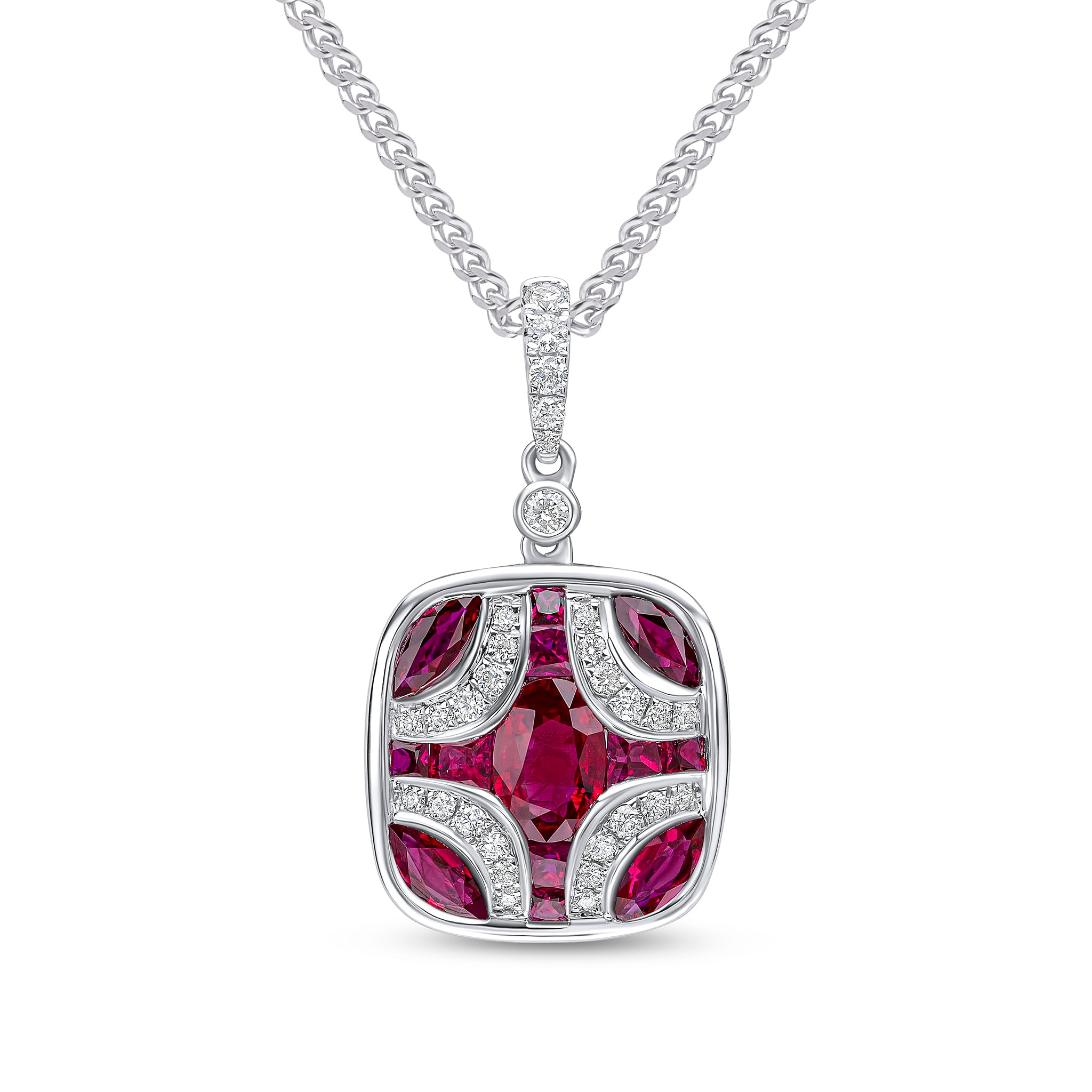 18ct White Gold Ruby & Diamond Shield Pendant with Diamond Set Loop