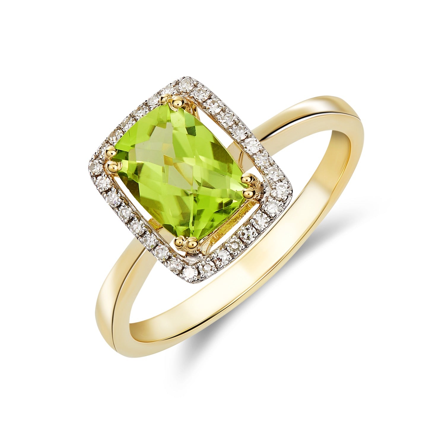9CT YG 8X6 CUSHION CHECKERBOARD CUT PERIDOT & DIAMOND HALO CLUSTER RING. RHODIUM TO DIAMONDS 1