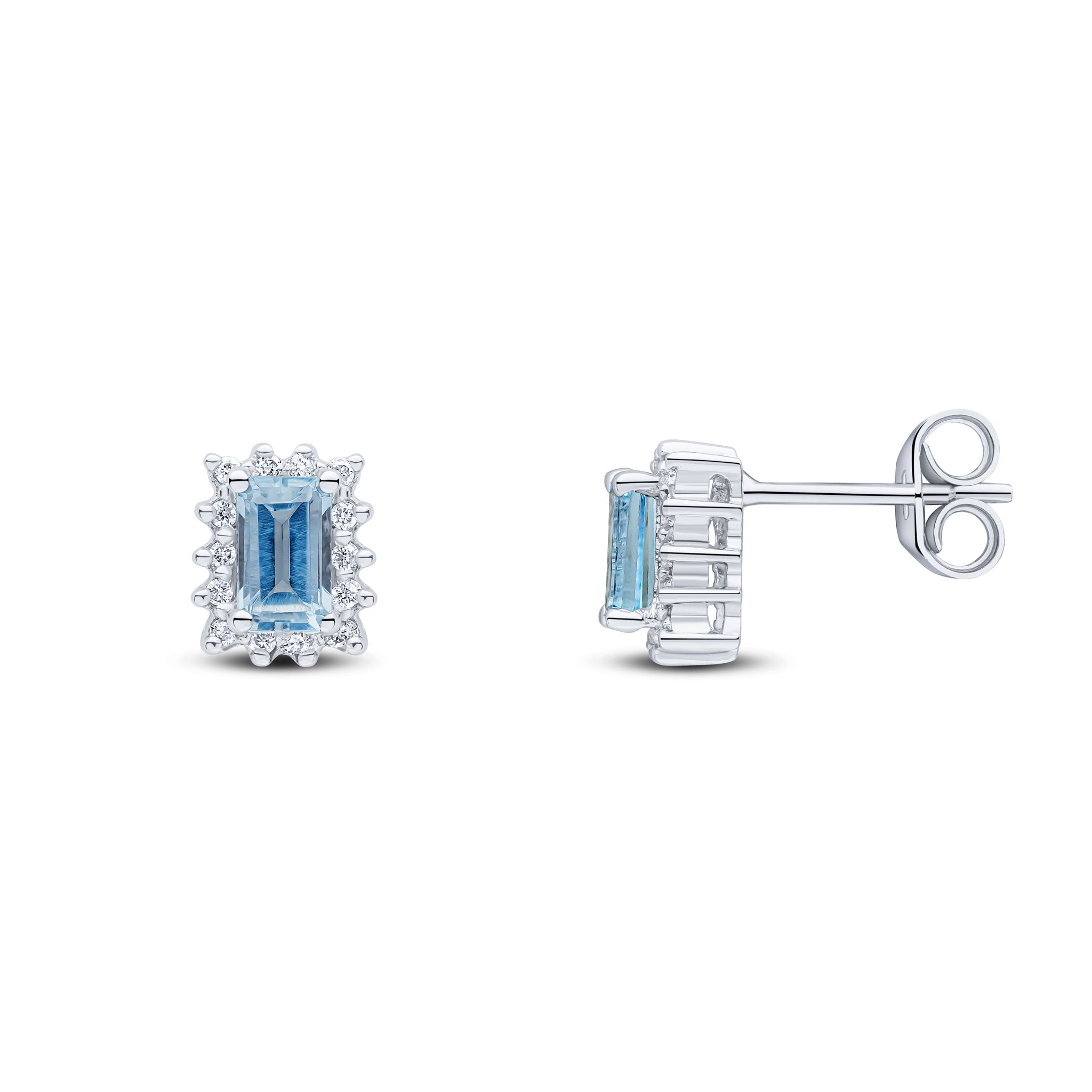 9ct White Gold Oct Aq & Diamond Cluster Ears