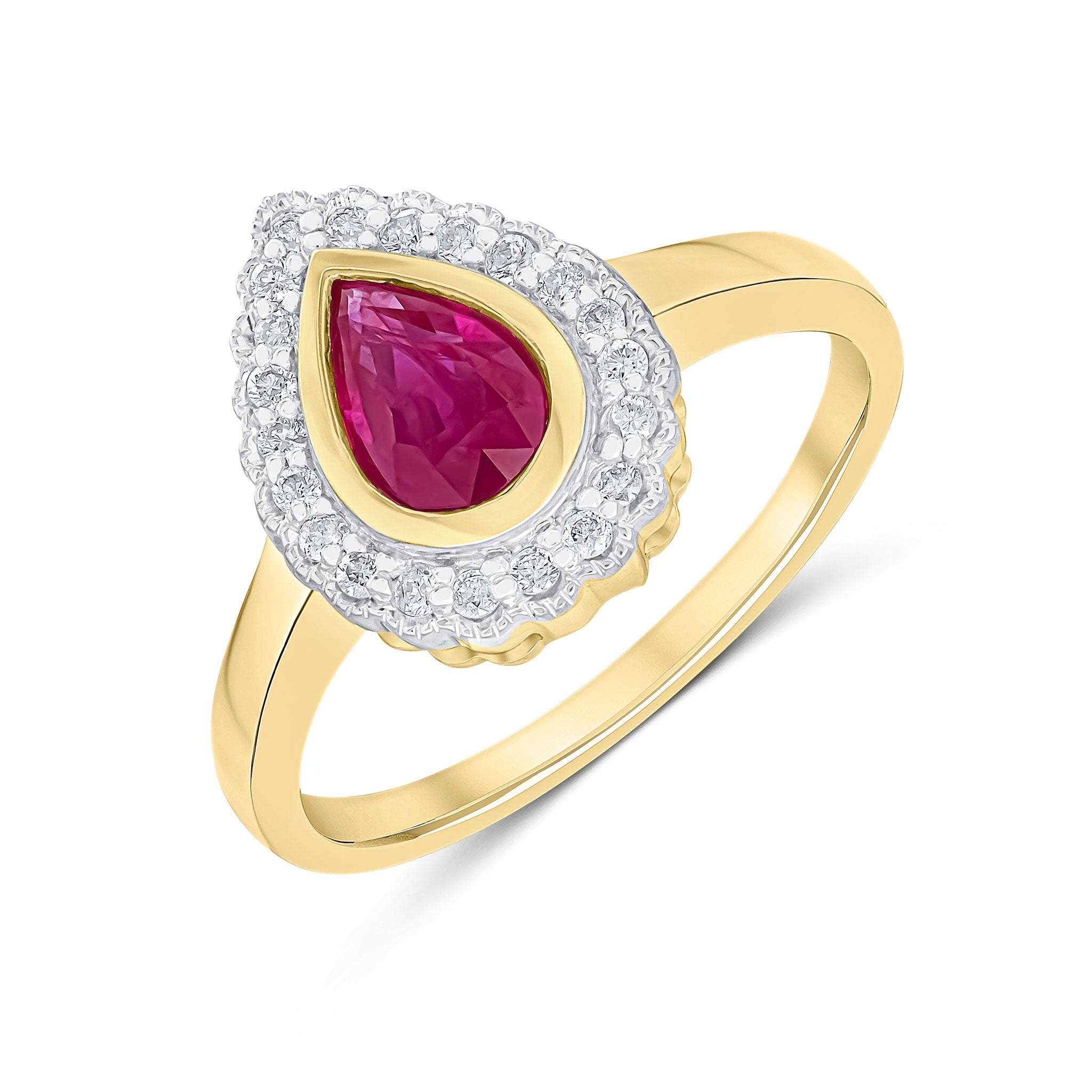 9CT YELLOW GOLD PEARSHAPE RUBOVER RUBY AND MILLEGRAIN ROUND DIAMOND CLUSTER RING. RHODIUM TO DIAMONDS 1