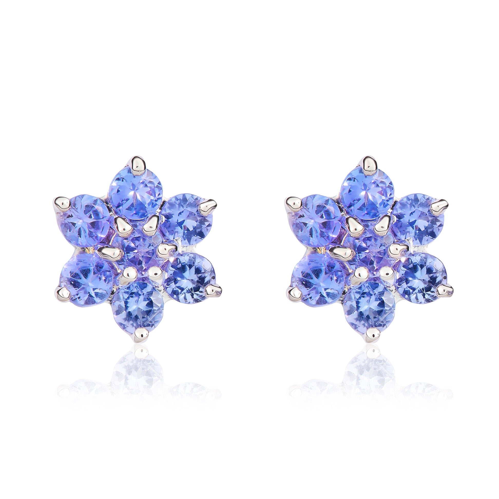 9ct White Gold Tanzanite Flower Cluster Stud Earrings