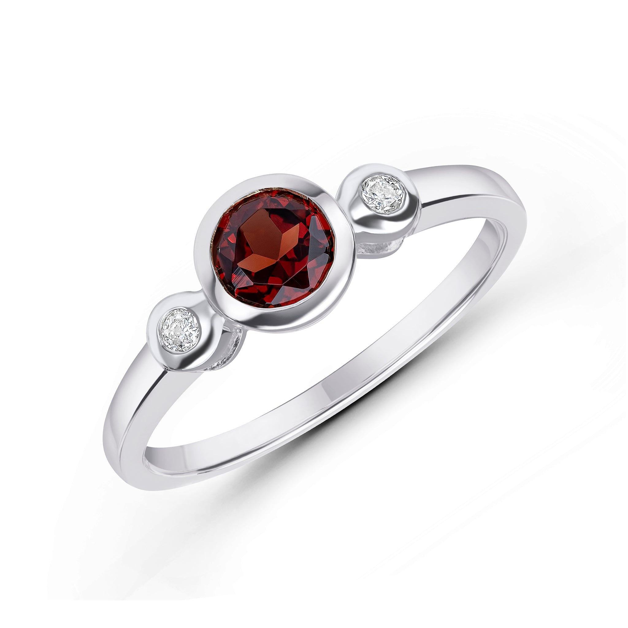 9CT WG 5MM ROUND GARNET AND DIAMOND RUBOVER 3ST RING 1