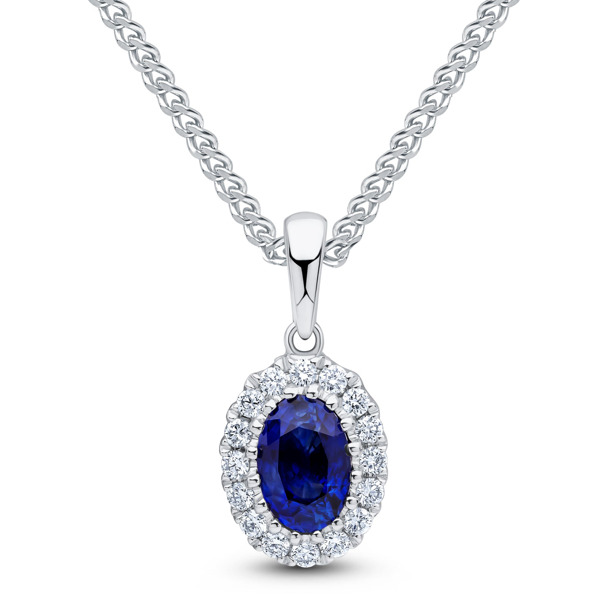 18ct White Gold 6x4 Oval Sapphire and Round Diamond Claw Cluster Pendant with Plain Loop Top