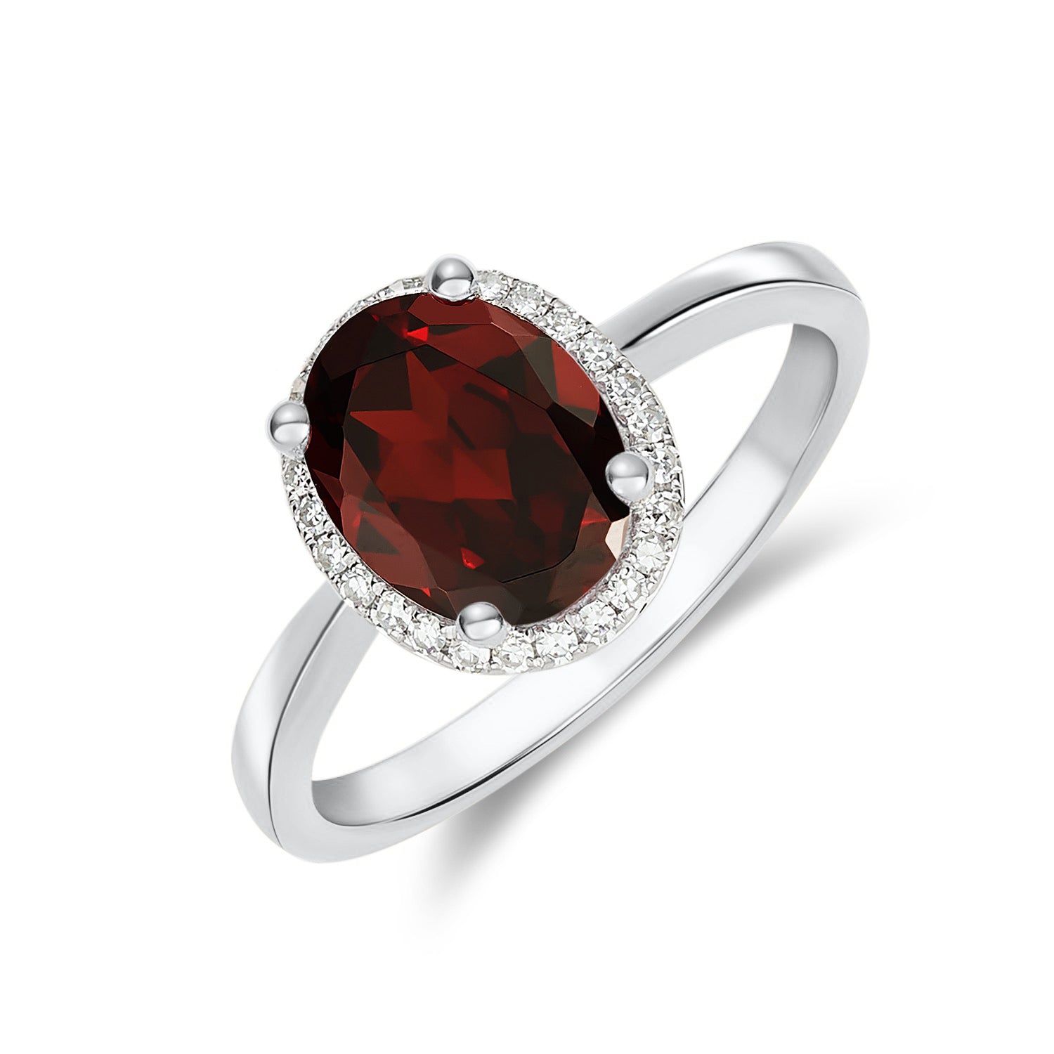 9ct White Gold 9x7 Oval Garnet and Round Diamond Claw Set Cluster Ring
