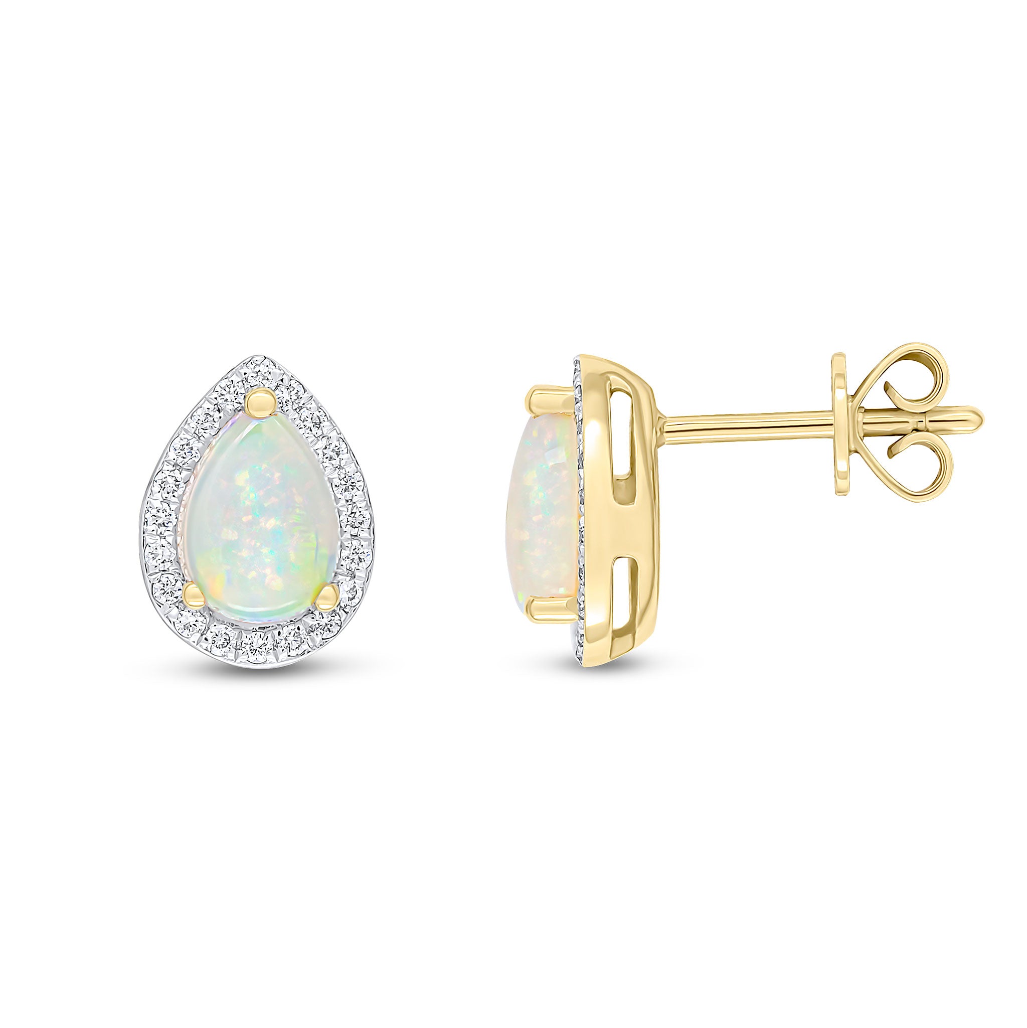 18ct Yellow Gold Claw Set 7x5 Pear Shape Opal and Grain Set Round Diamond Cluster Earrings Rhodium to Diamonds