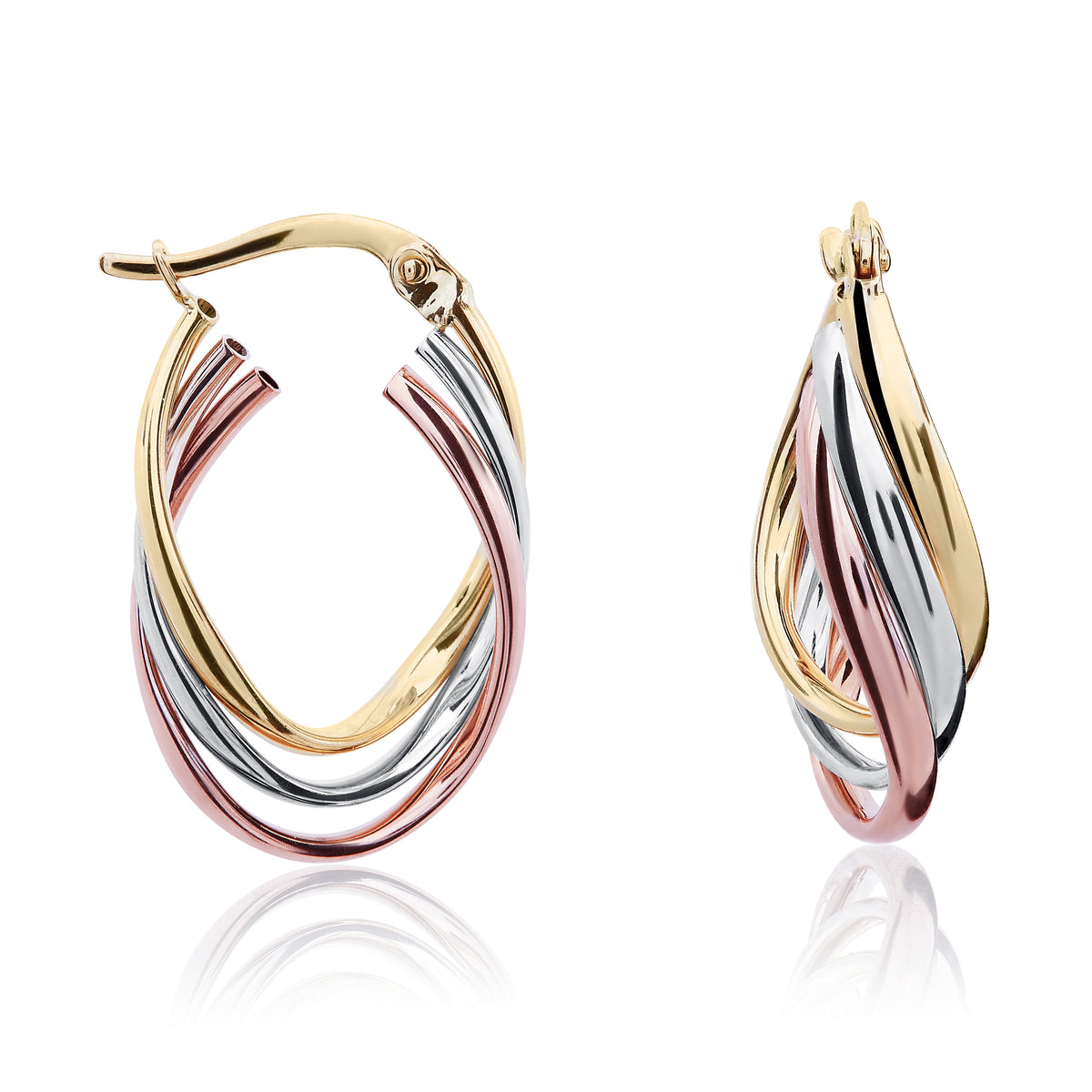 Three Tone 9ct Gold Triple Oval Crossover Hoop Earrings