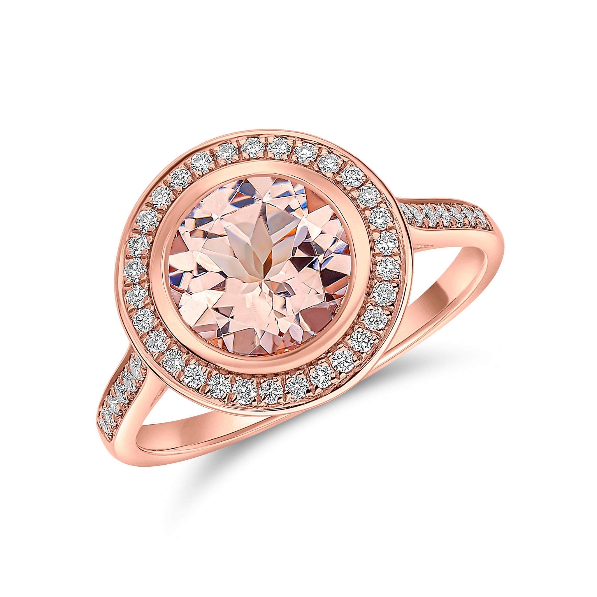 18ct Rose Gold Rubover Round Morganite & Grain Set Diamond Cluster Ring