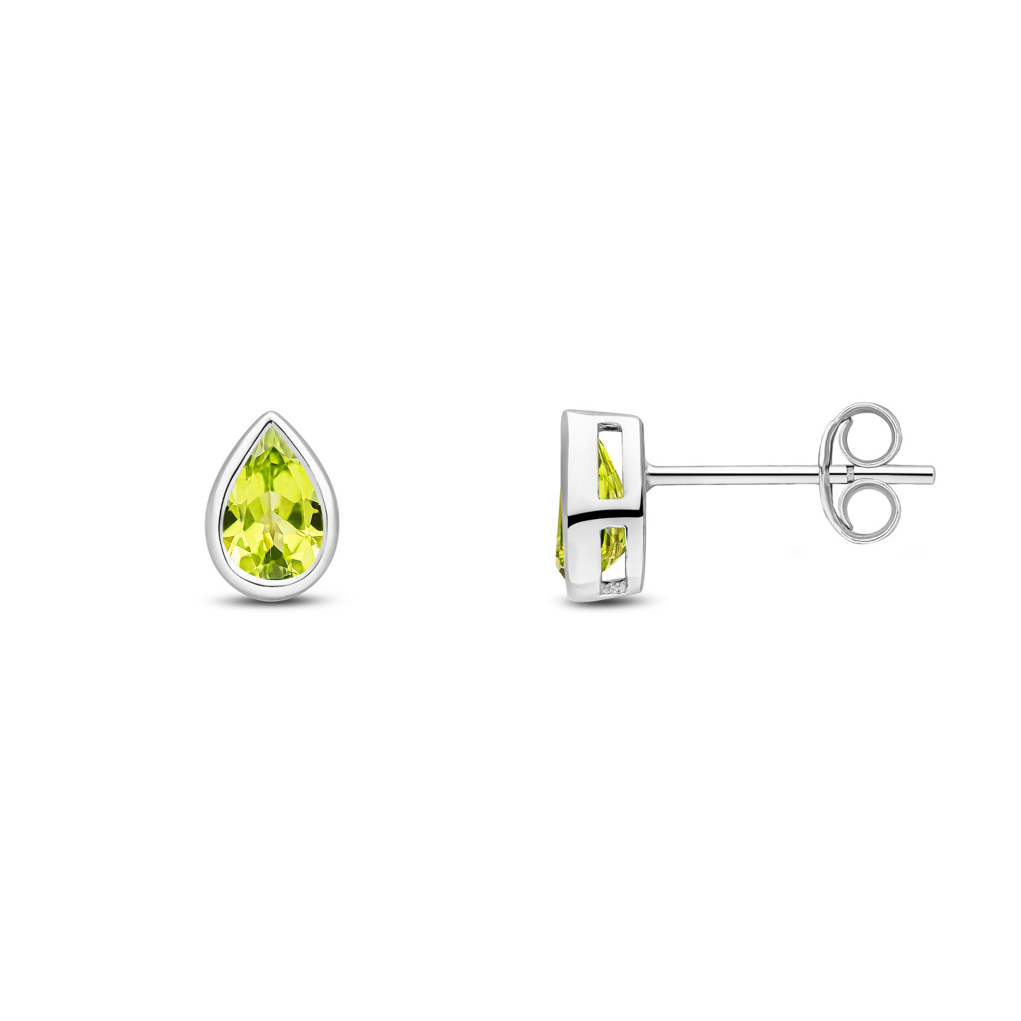 9ct White Gold 6x4 Pear Shape Peridot Rubover Set Earrings
