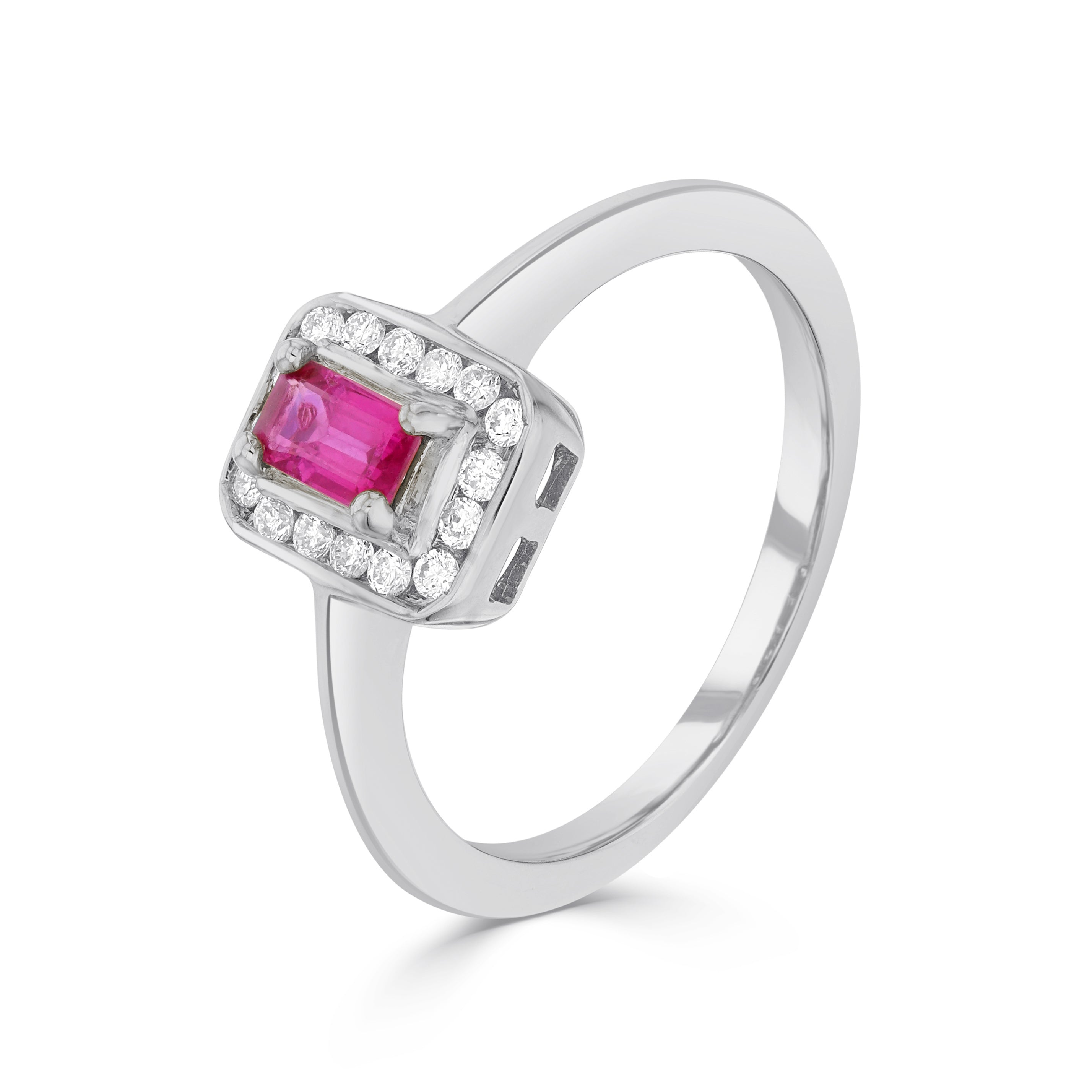 9ct White Gold Claw Set 5x3 Octagon Ruby and Channel Set Round Diamond Cluster Ring