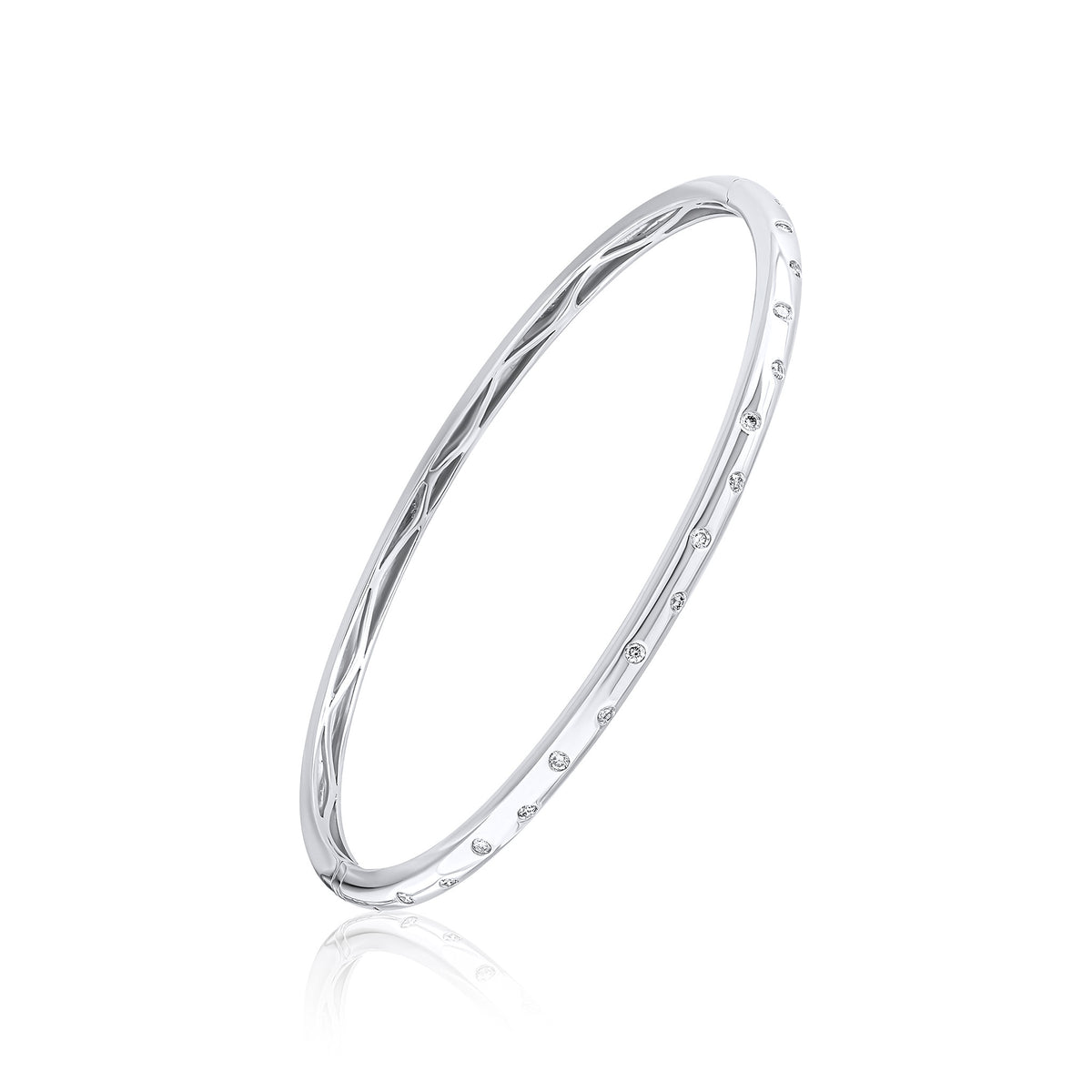 18ct White Gold Scattered Diamond Flush Set Polished Domed Hinged Bangle 0.28ct
