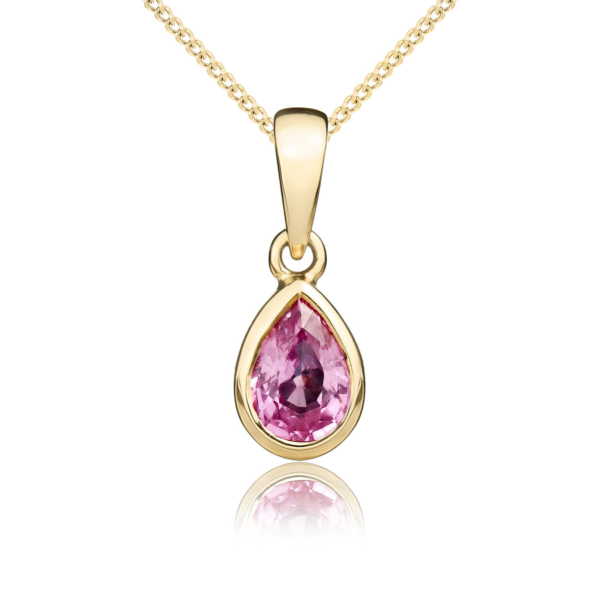 9ct Yellow Gold 6x4 Pear Shape Pink Sapphire Rubover Single Stone Pendant