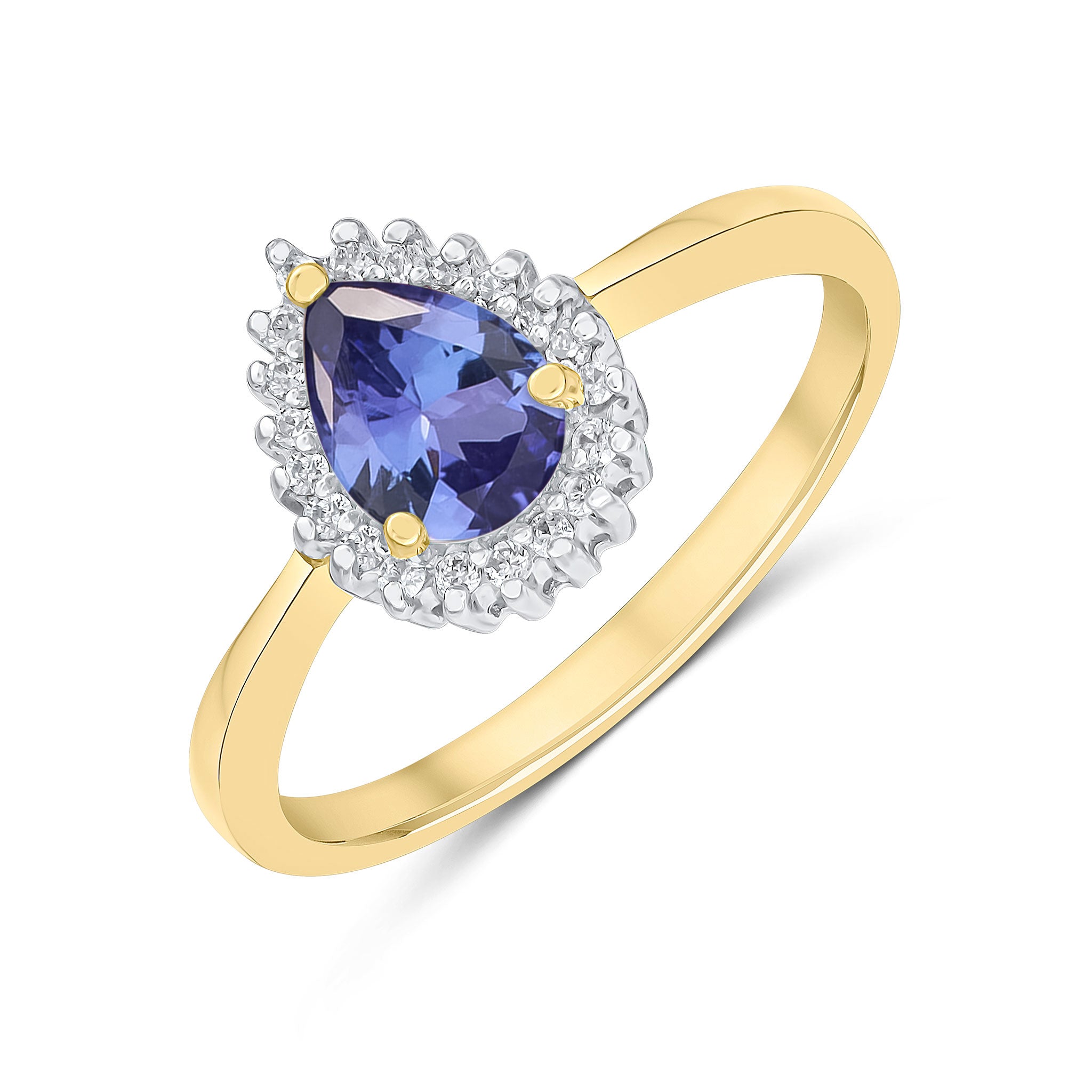 9ct Yellow Gold 7x5mm Pear Shape Tanzanite & Diamond Claw Set Cluster Ring Rhodium to Diamonds