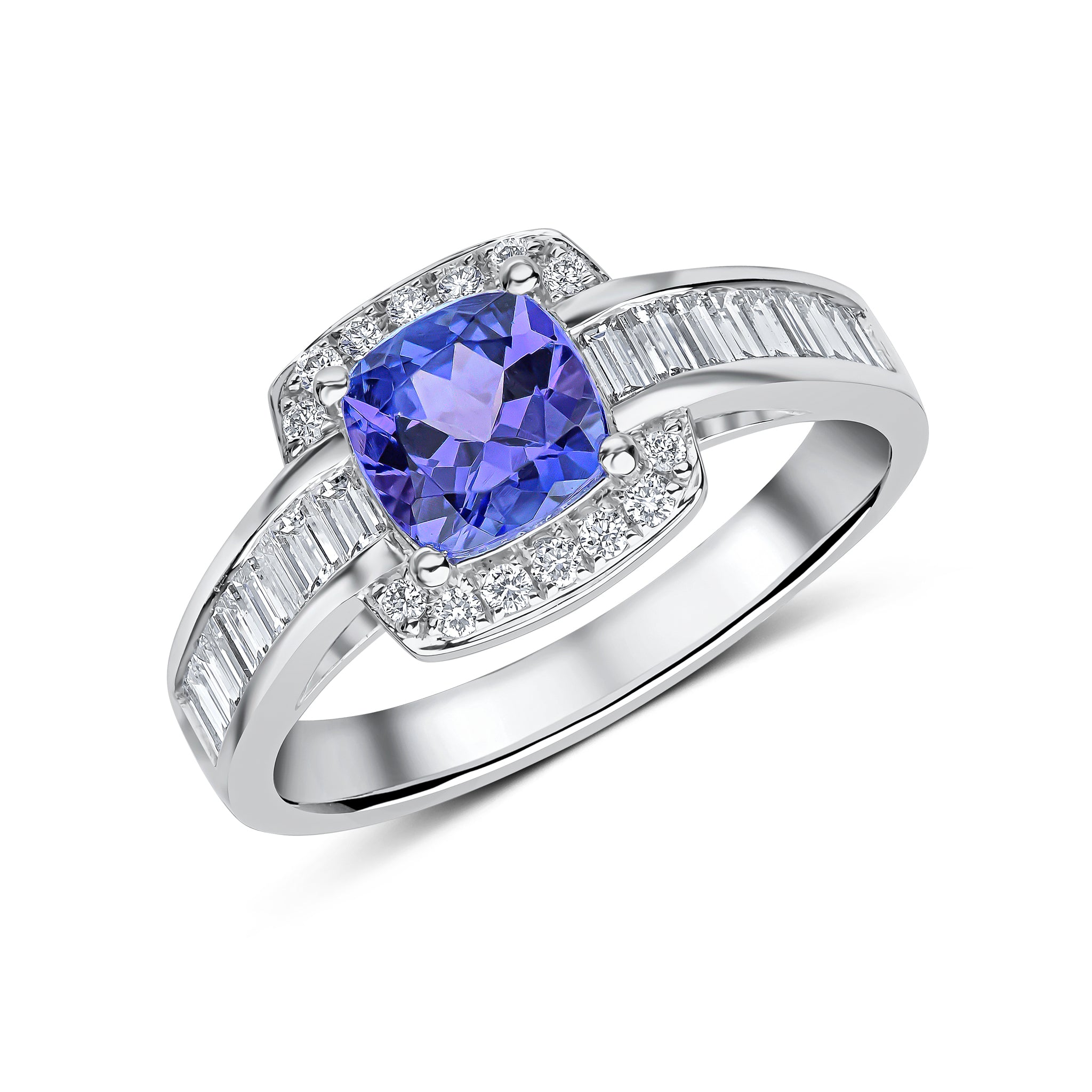 18ct White Gold Cushion Tanzanite and Round Diamond Cluster Ring Wiht Channel Set Baguette Diamond Shoulders