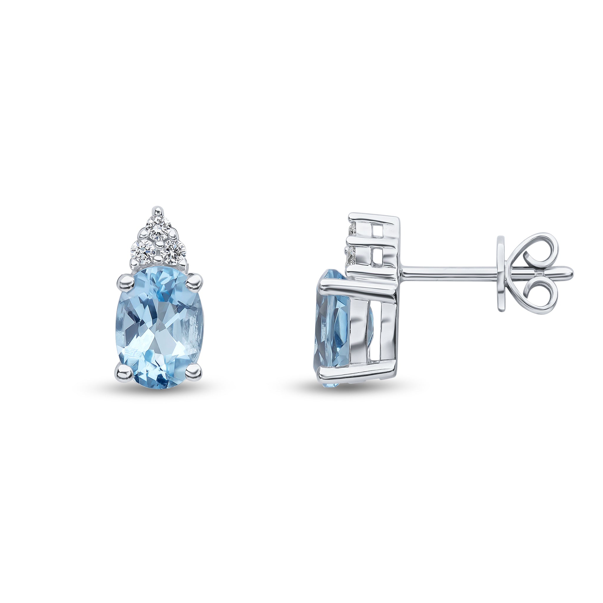 18ct White Gold 7x5 Oval Aquamarine and Round Diamond Trefoil Top Claw Set Earrings