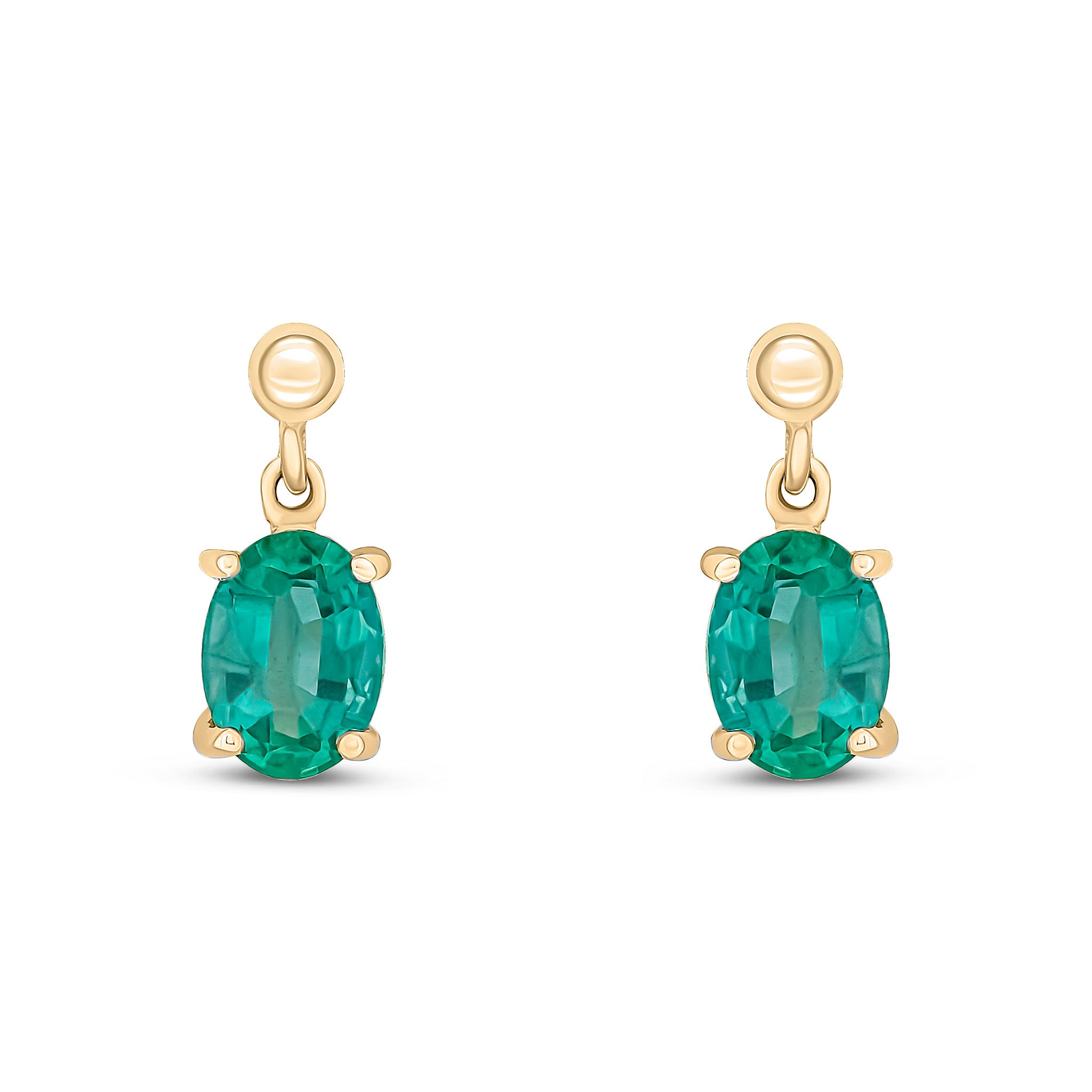 9ct Yellow Gold 7x5 Oval Emerald Claw Set Drop Earrings with Bead Top