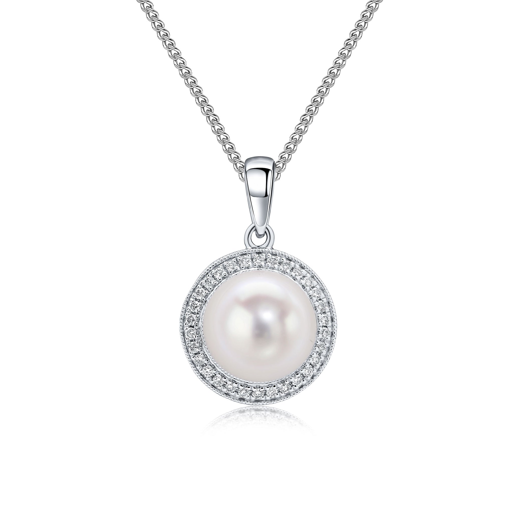 18ct White Gold Freshwater Cultured Pearl and Grain Set Diamond Round Cluster Pendant with Milgrain Edge