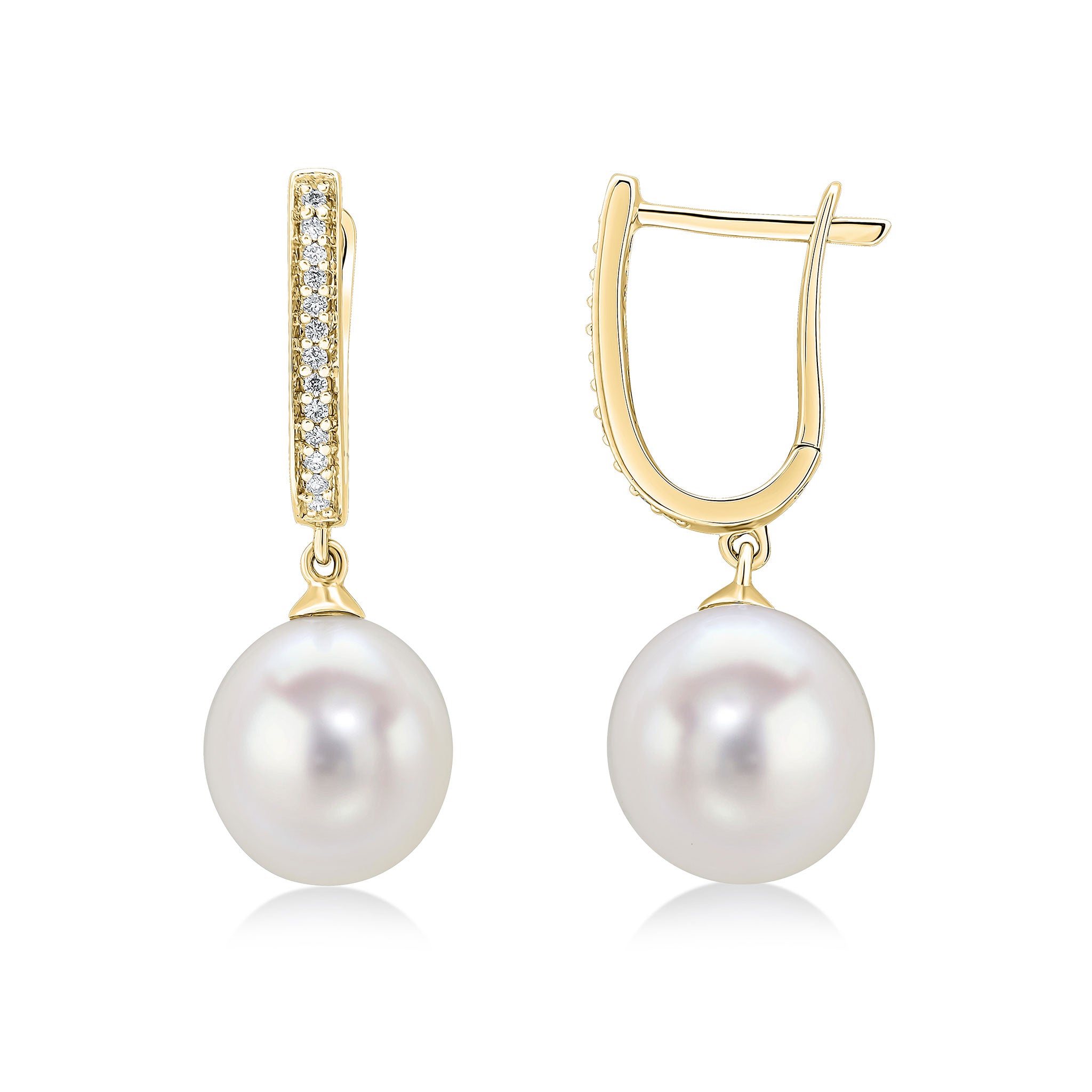 18ct Yellow Gold Freshwater Cultured Pearl and Round Diamond Oval Hoop Top Drop Earrings Rhodium to Diamonds