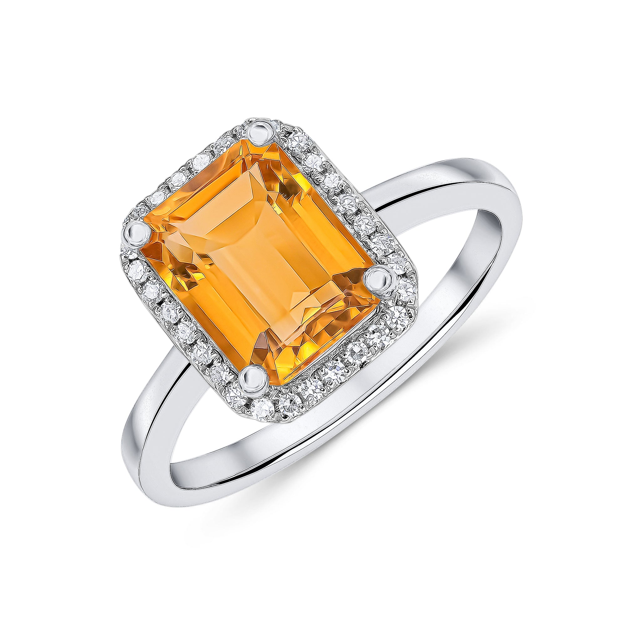 9ct White Gold 9x7mm Octagon Citrine & Diamond Claw Set Cluster Ring