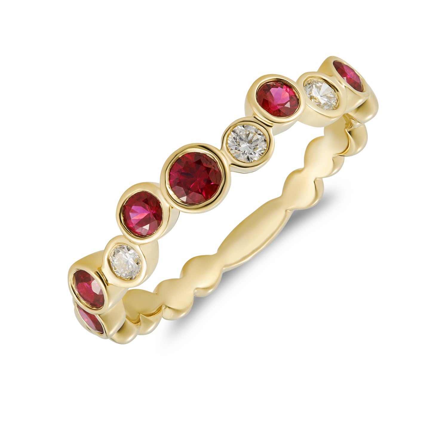 18ct Yellow Gold Round Ruby & Diamond Single Row Bubble Style Ring