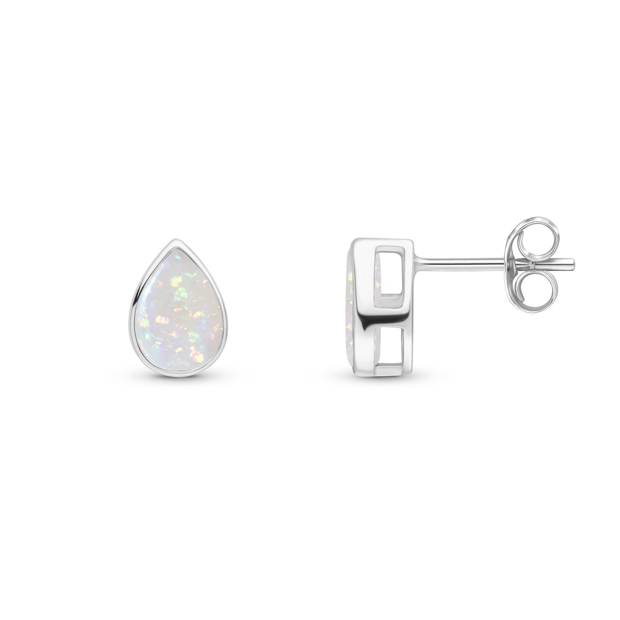 9ct White Gold 7x5 Pear Shape Opal Rubover Set Earrings