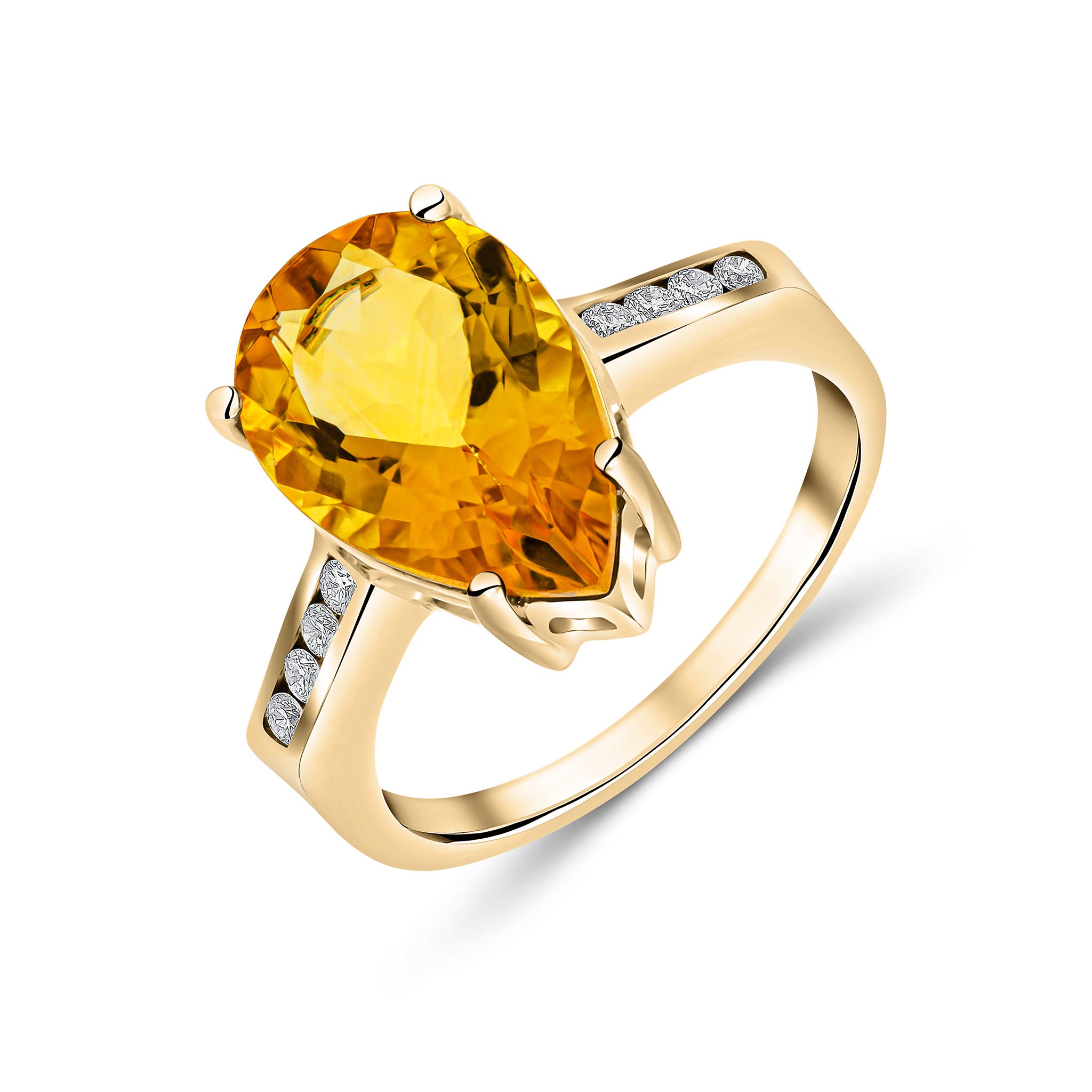 9ct Yellow Gold 14x9 Pear Shape Citrine Single Stone Ring with Channel Set Diamond Shoulders