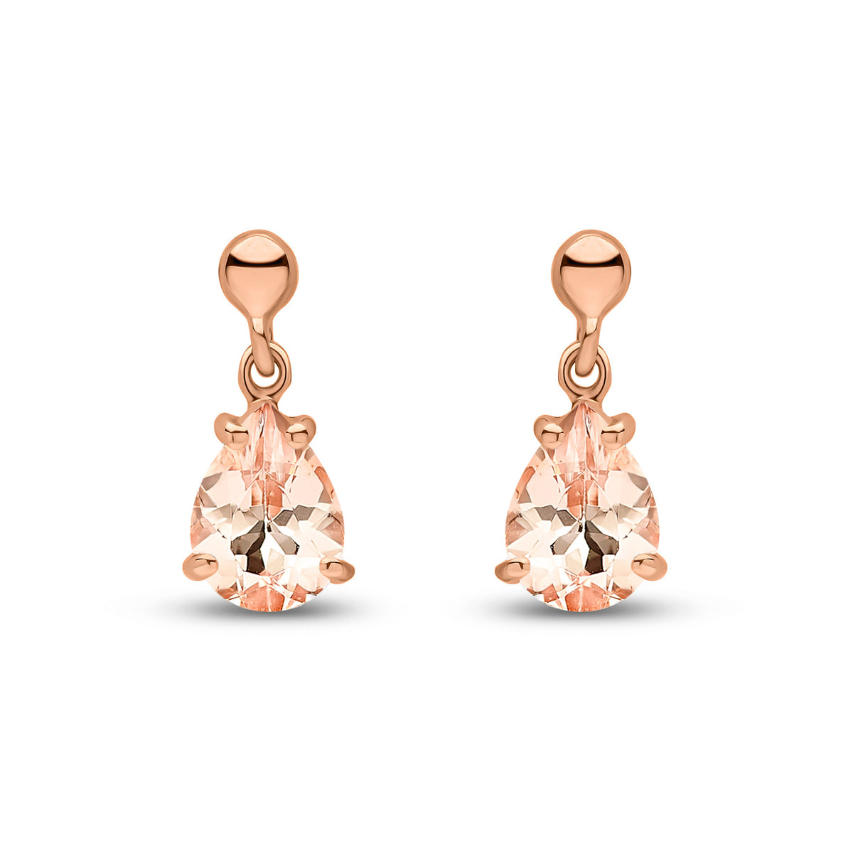 9ct Rose Gold 7x5 Pear Shape Morganite Claw Set Drop Earrings with Bead Top