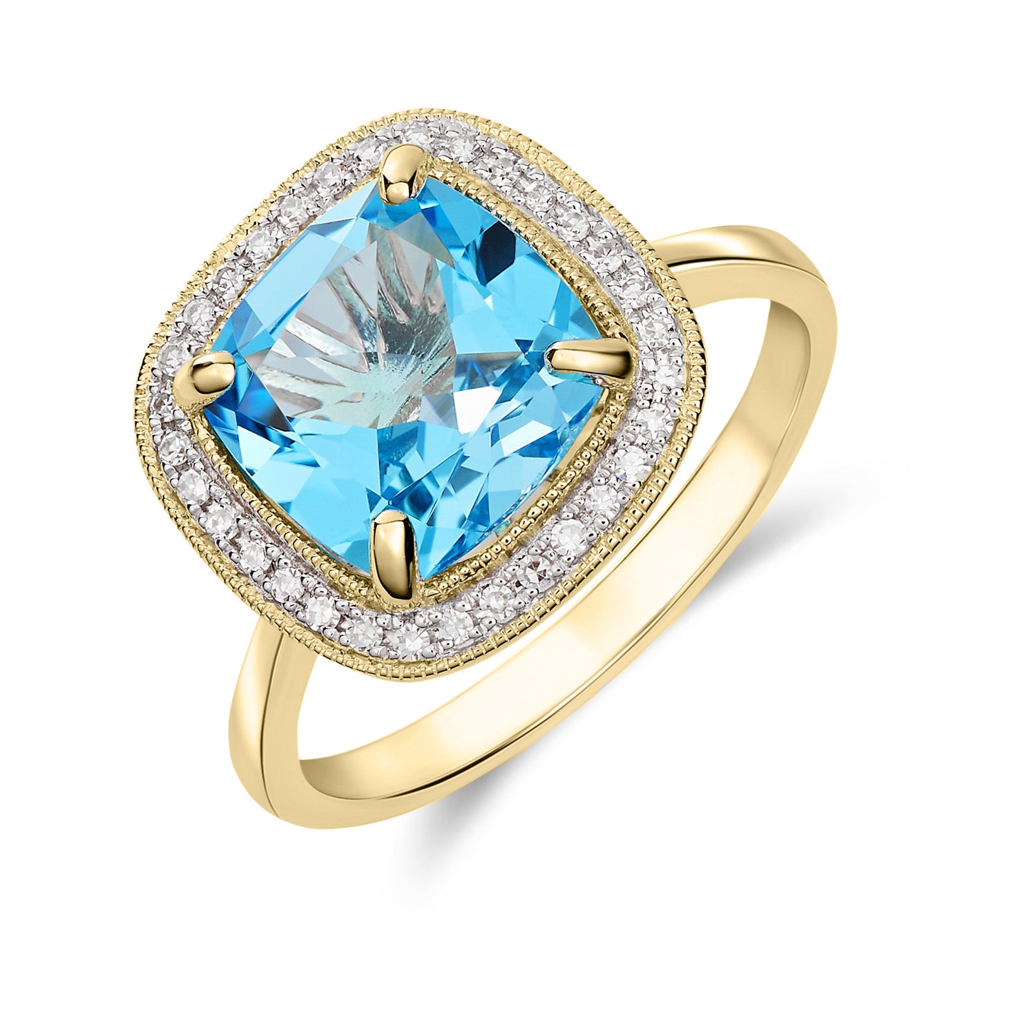 9CT YG 9MM CUSHION SWISS BLUE TOPAZ AND DIAMOND CLUSTER RING WITH MILLEGRAIN EDGE. RHODIUM TO DIAMONDS 1