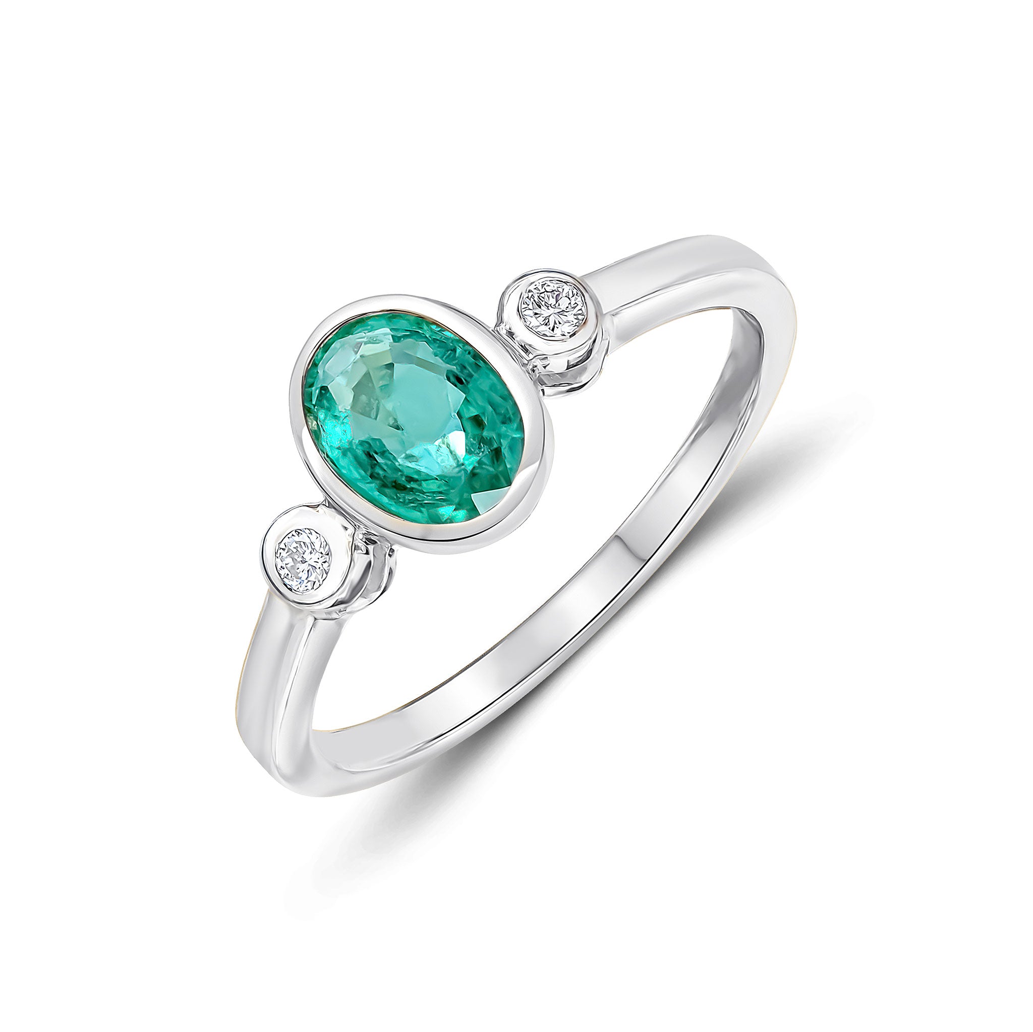 9ct White Gold 7x5 Oval Emerald and Round Diamond 3 Stone Rubover Ring