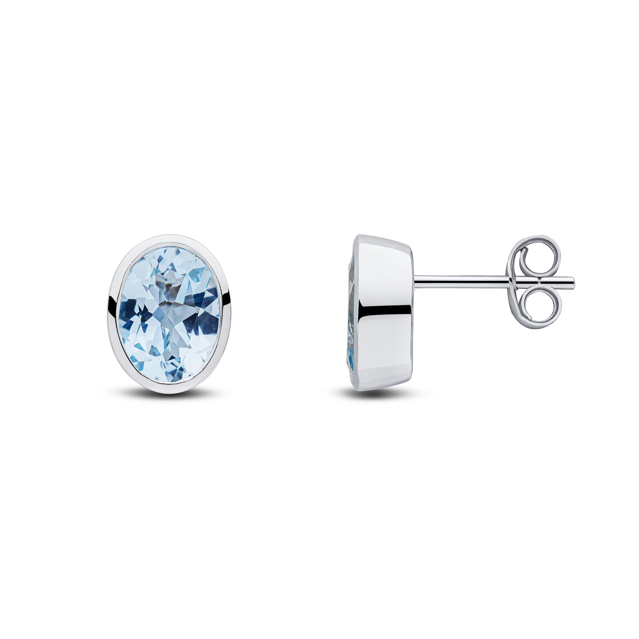 9ct White Gold 8x6 Oval Aquamarine Rubover Earrings